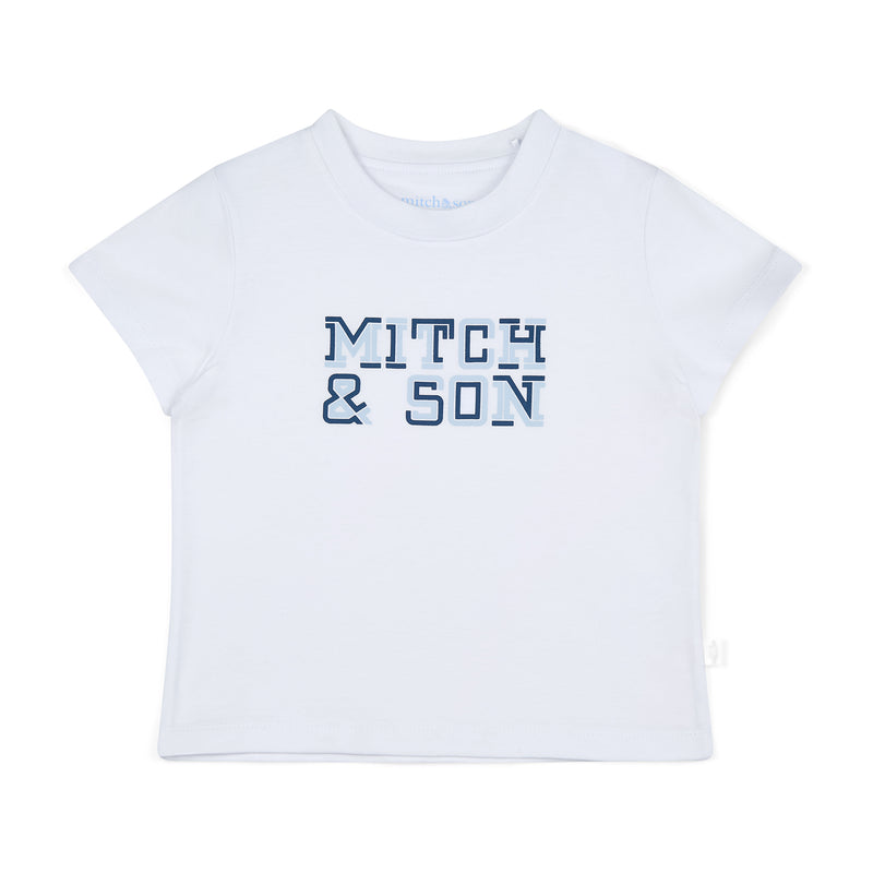 SS25 Mitch & Son FRANK & FALLON Blue & White Logo Striped T-Shirt & Swim Shorts Set