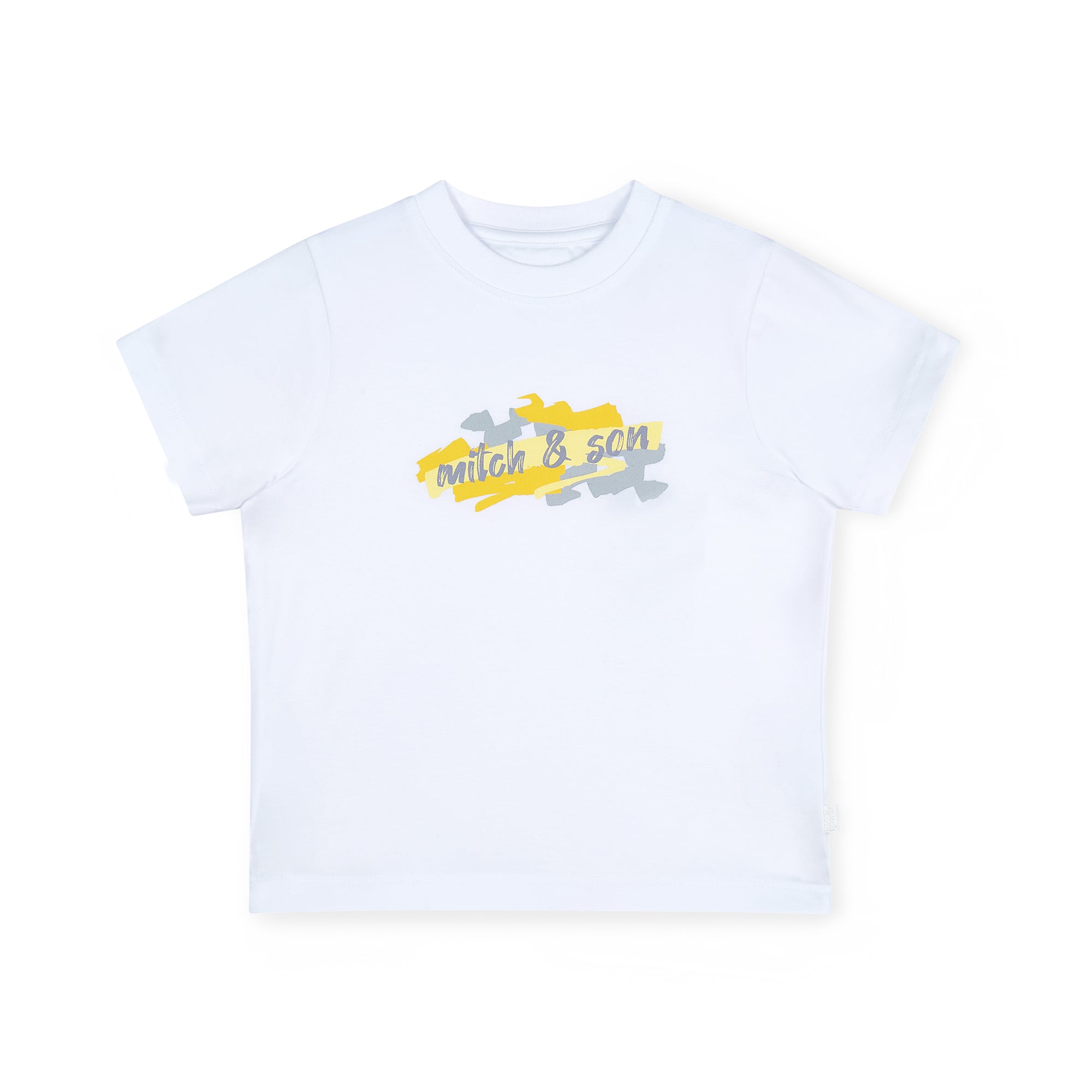 SS25 Mitch & Son GLENN & GIANCARLO White Yellow & Grey Logo Doodle Print T-Shirt & Swim Shorts Set