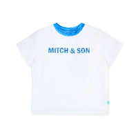 SS25 Mitch & Son Junior HAROLD & HUGO White & Blue Space Dye Logo T-Shirt & Swim Shorts Set