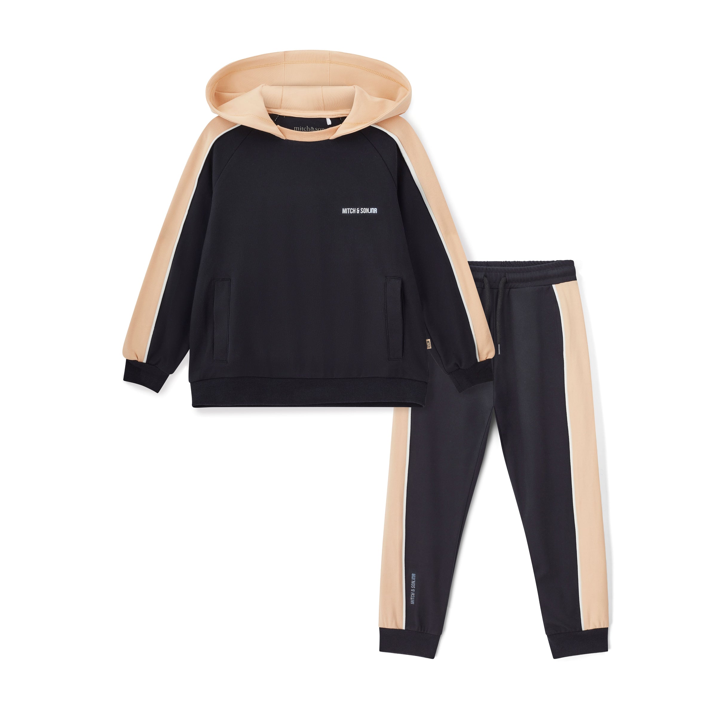 AW25 Mitch & Son JNR LAWRENCE Black Beige & White Logo Stripe Hoody Tracksuit