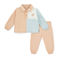 AW25 Mitch & Son Mini MARCUS Blue Beige & White Colour Block Logo Polo & Trousers Set