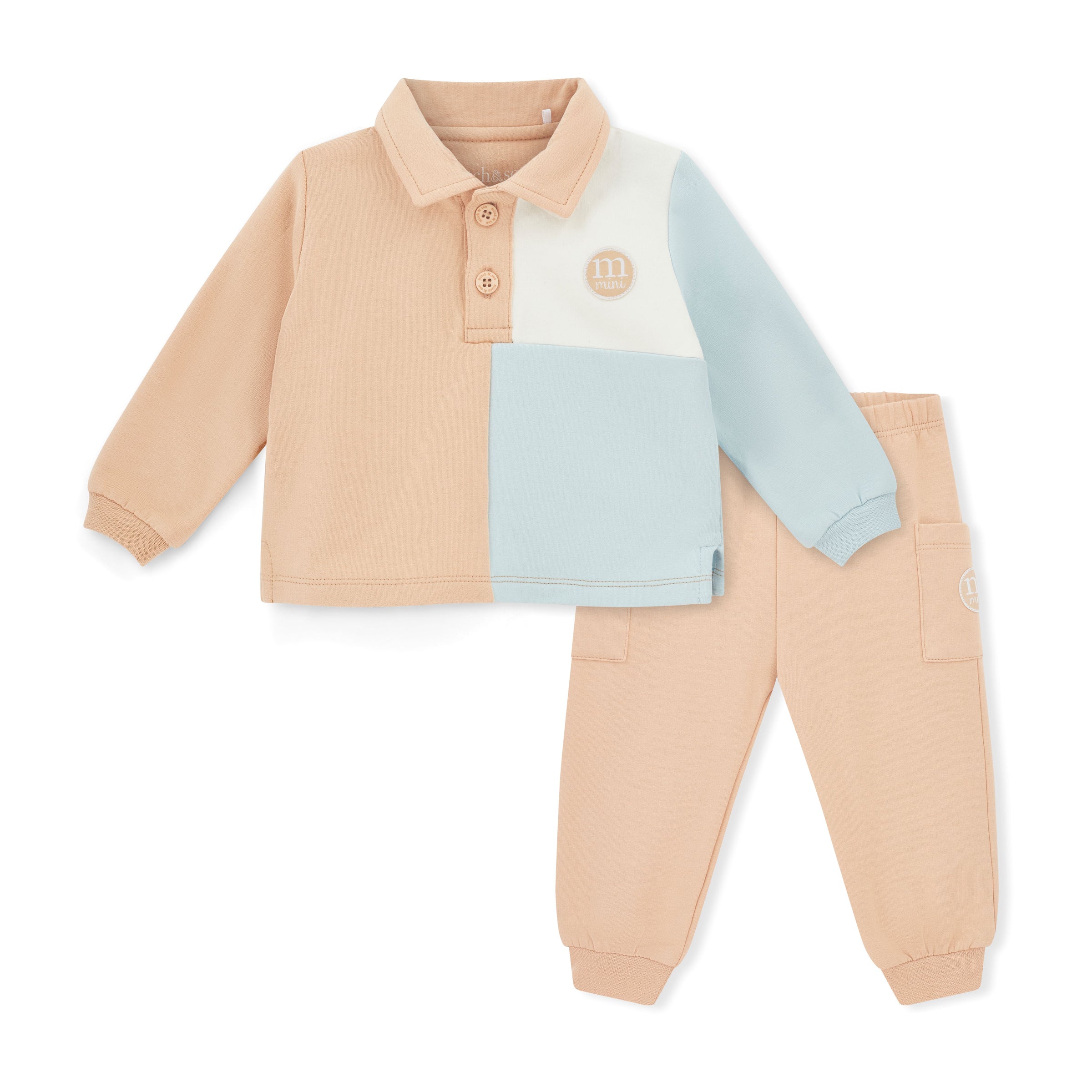 AW25 Mitch & Son Mini MARCUS Blue Beige & White Colour Block Logo Polo & Trousers Set