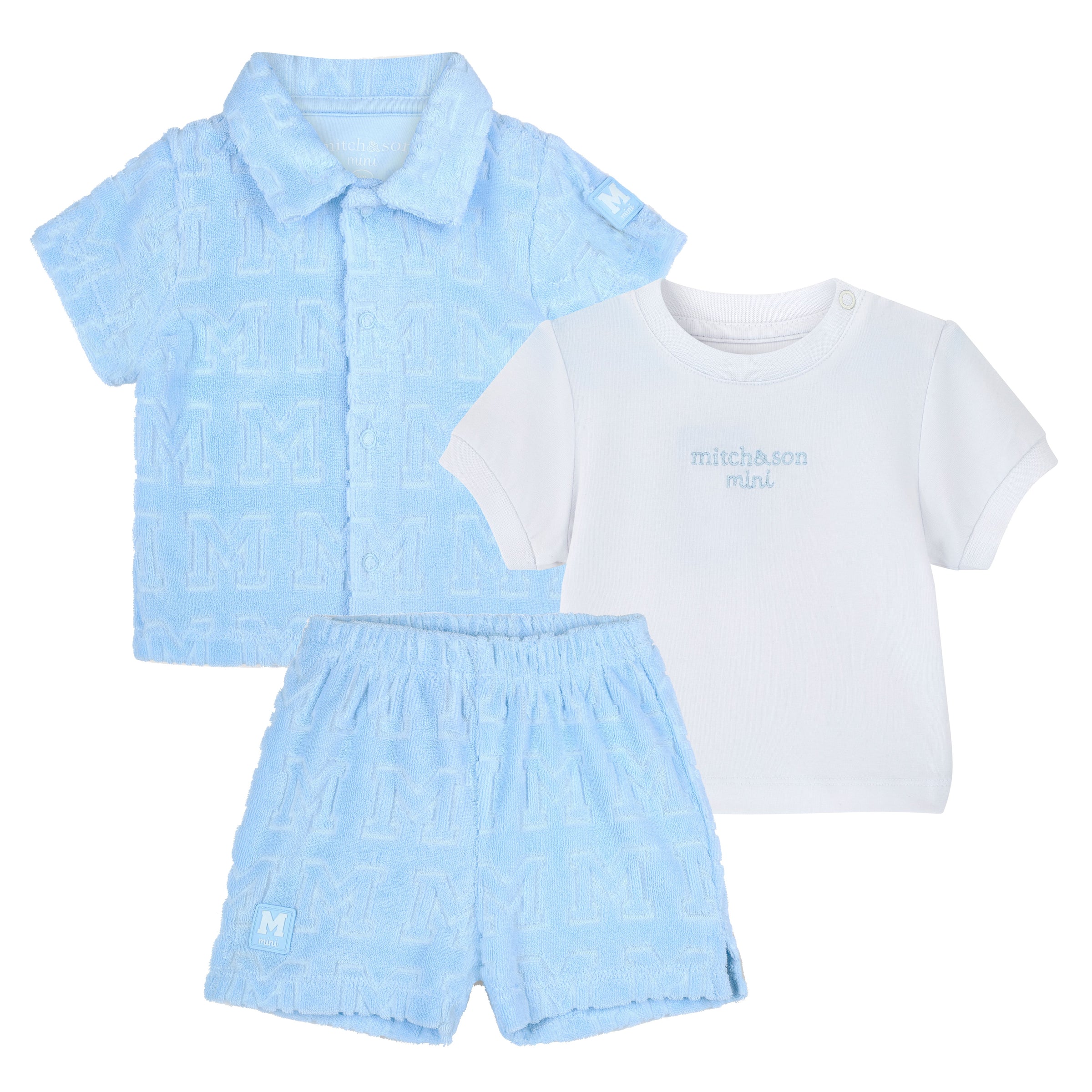 PREORDER SS26 Mitch & Son Mini NOLAN Blue & White Terry Towelling Three Piece Shorts Set