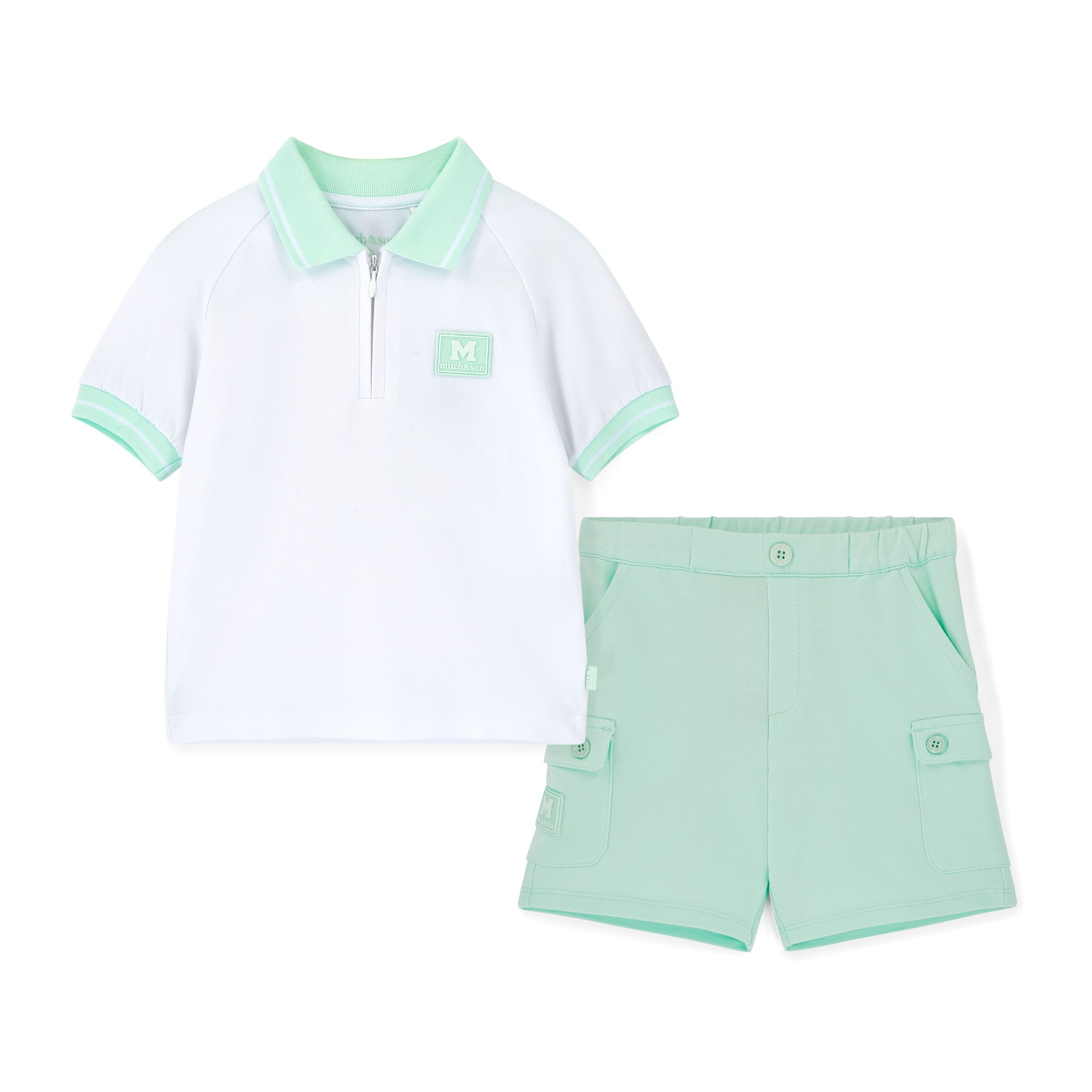 PREORDER SS26 Mitch & Son OAKLAND Green & White Polo Zipper Shorts Set