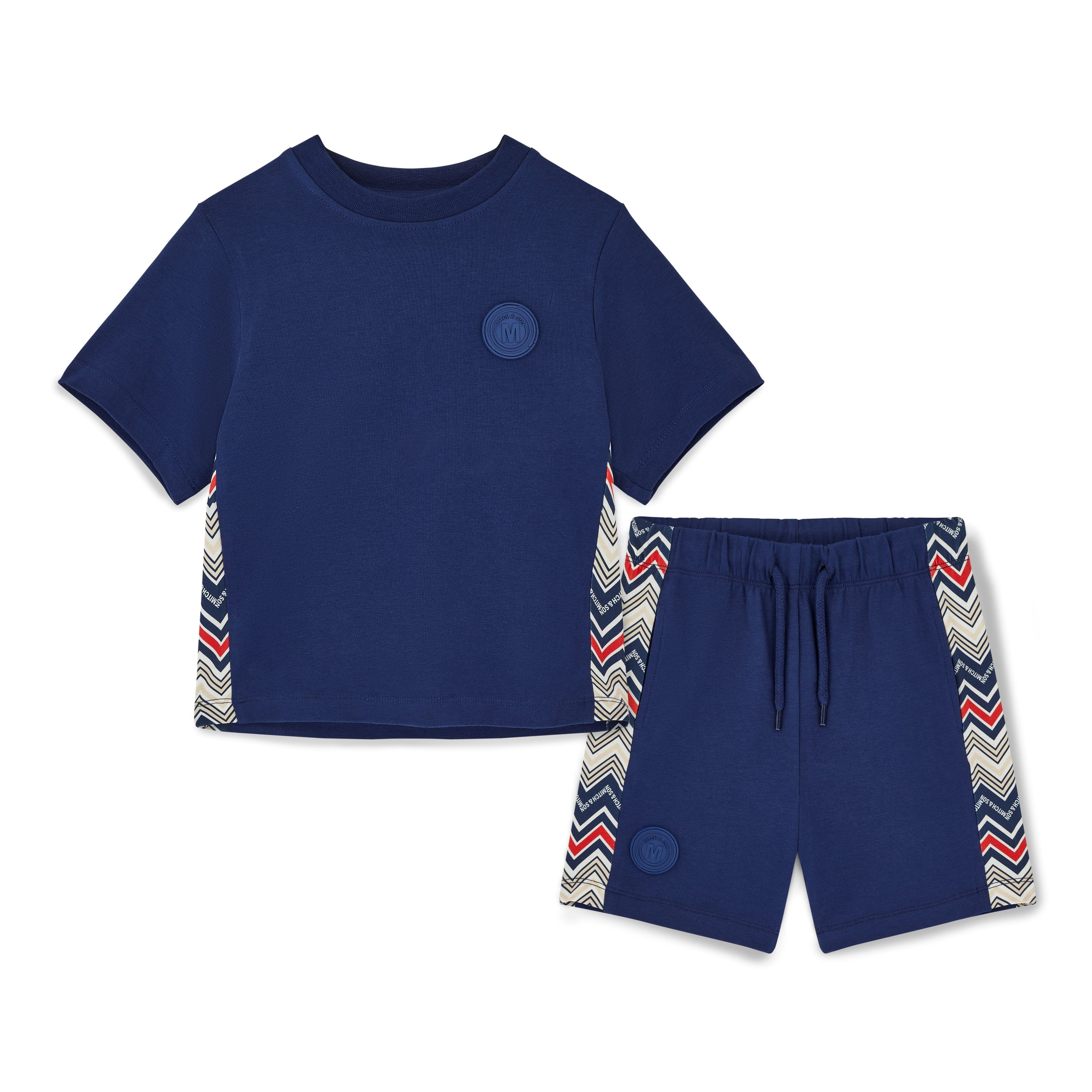 PREORDER SS26 Mitch & Son PHOENIX Navy Blue Multicoloured Chevron Panel Shorts Set