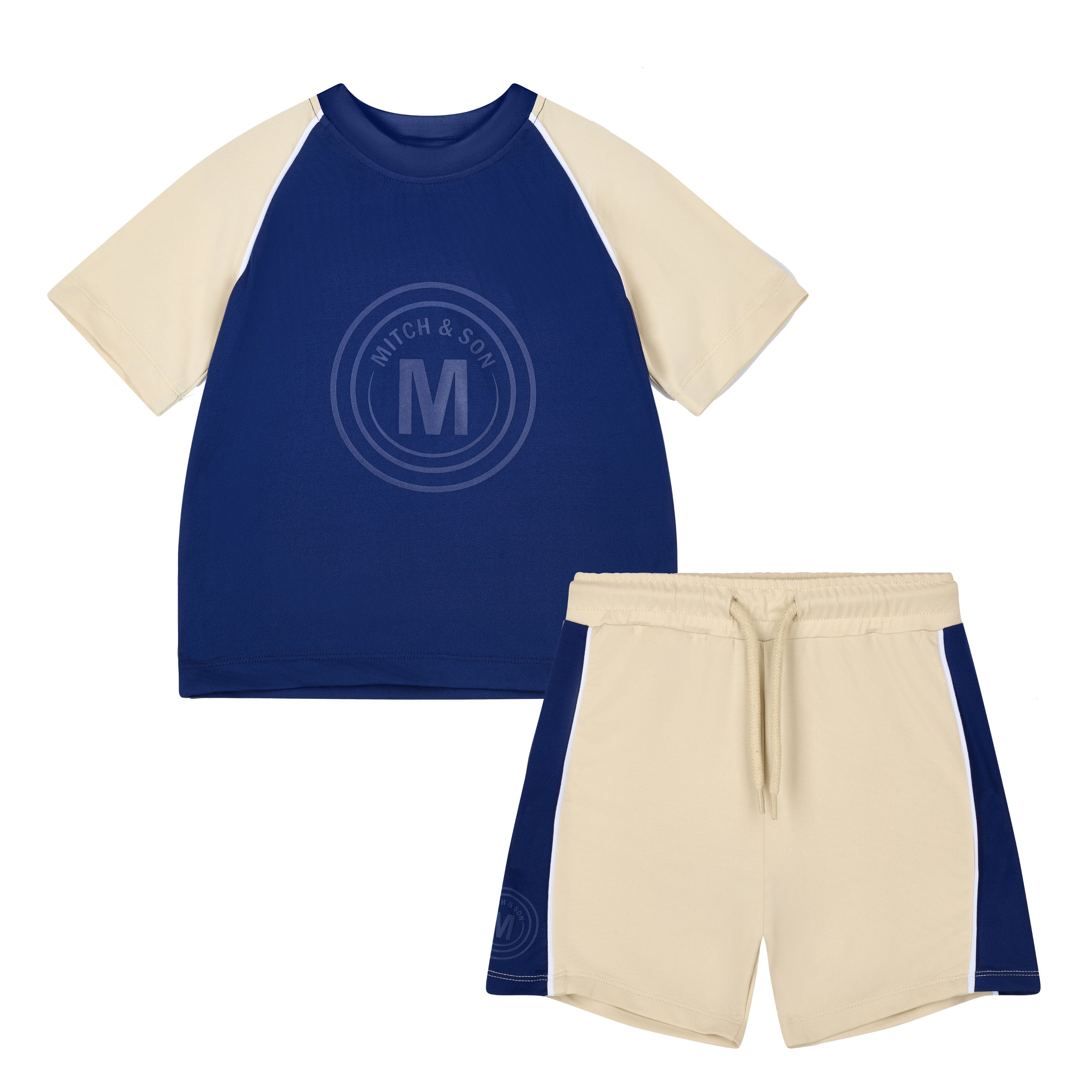 PREORDER SS26 Mitch & Son PHILLIP Navy Blue Beige & White Logo Shorts Set