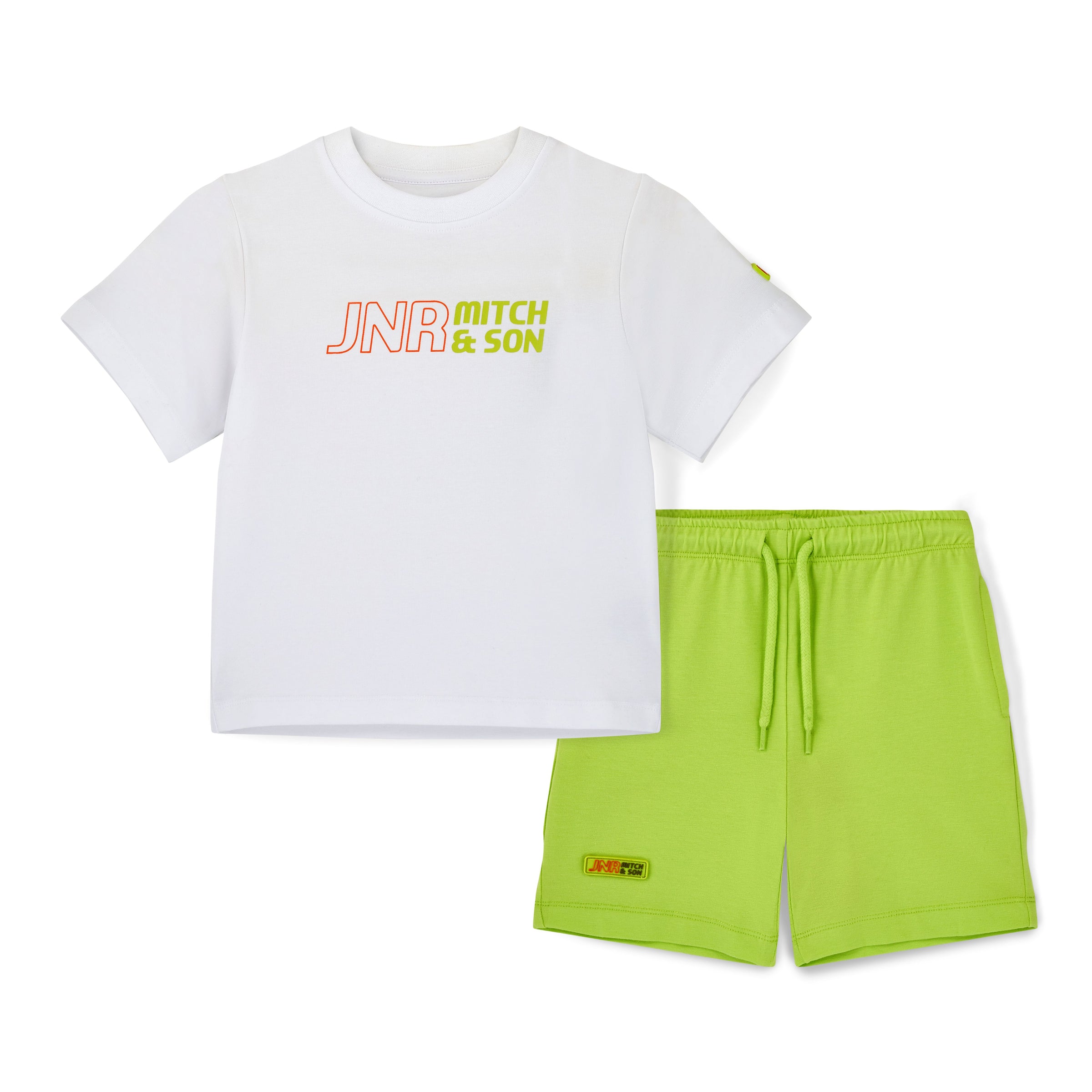 PREORDER SS26 Mitch & Son JNR RAY White Green & Orange Logo Shorts Set