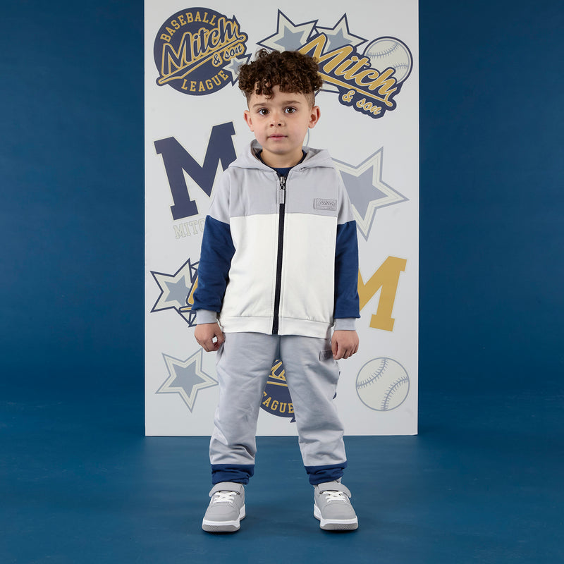 AW25 Mitch & Son KAYDEN & KEANU Grey Navy & White Colour Block Three Piece Zipper Tracksuit