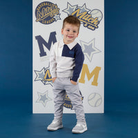 AW25 Mitch & Son JUDE & JETT Navy Blue Grey & White Knitted Polo & Trousers Set