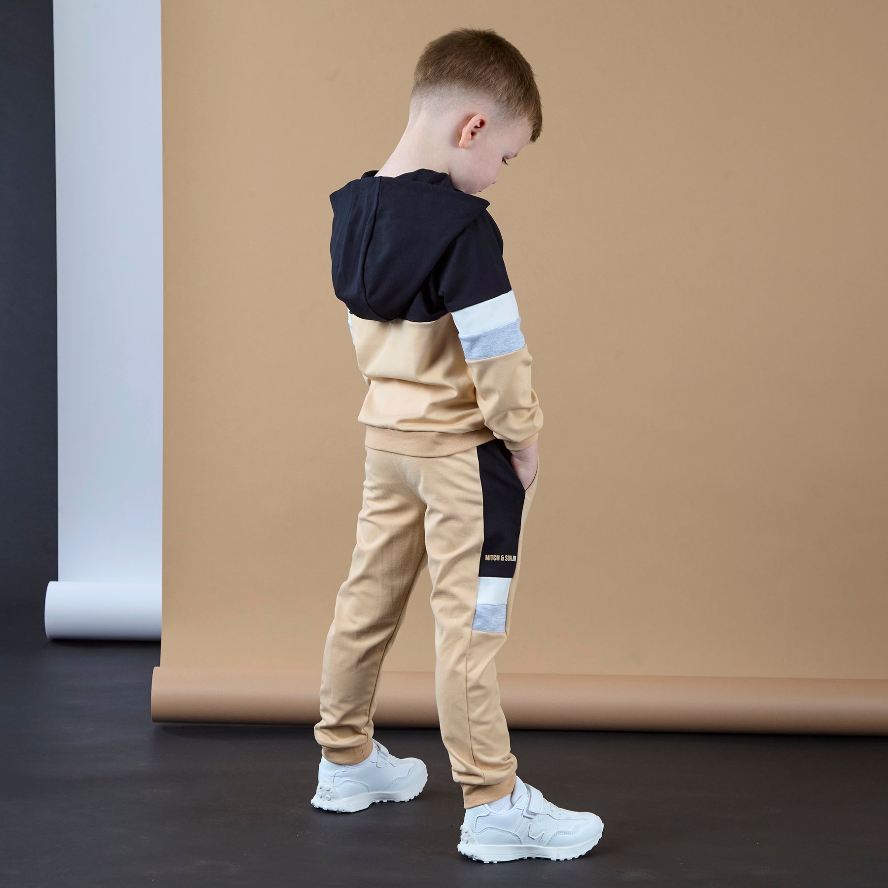 AW25 Mitch & Son JNR LANDON Beige & Black Logo Stripe Hoody Tracksuit