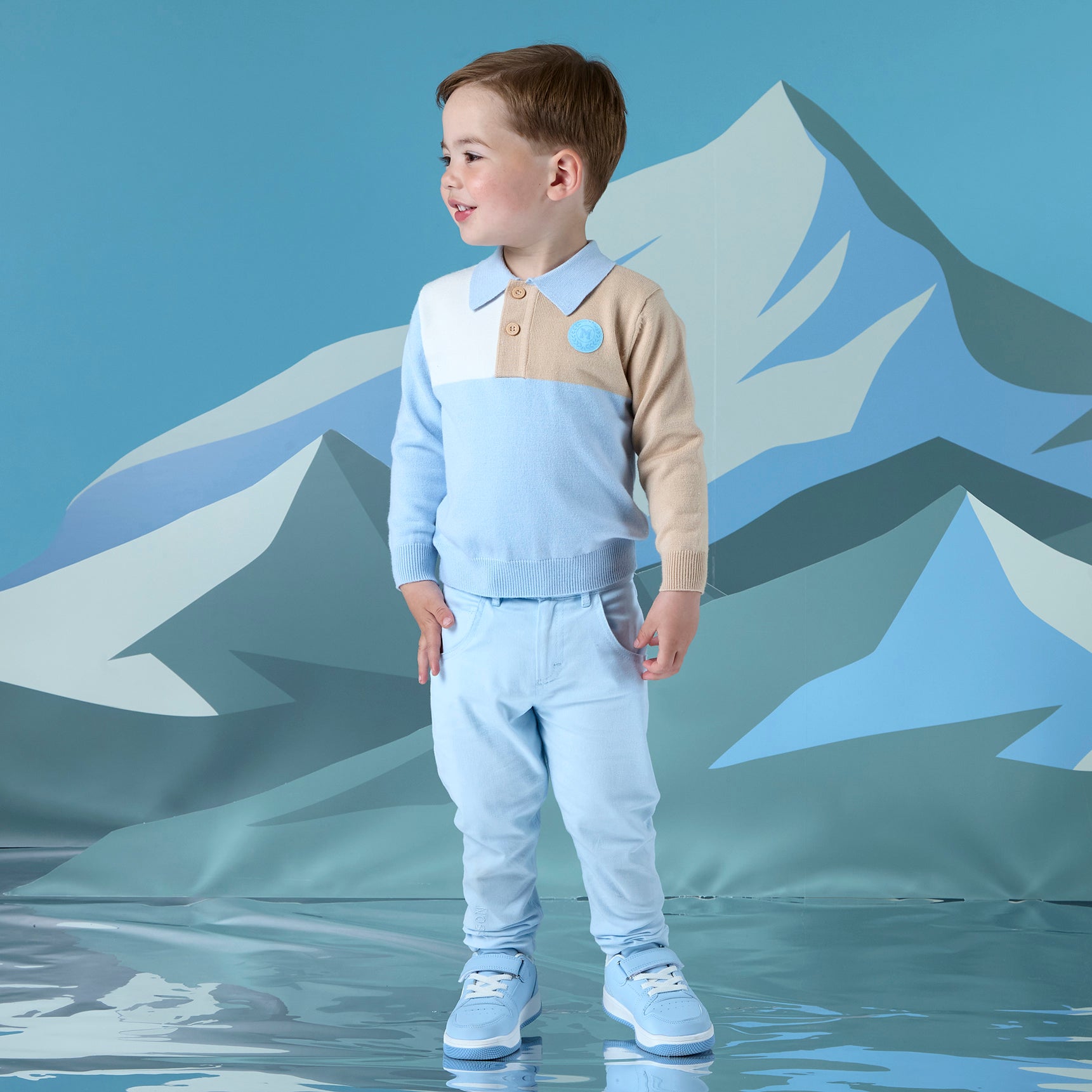 AW25 Mitch & Son JUDE & JETT Beige Blue & White Knitted Polo & Trousers Set