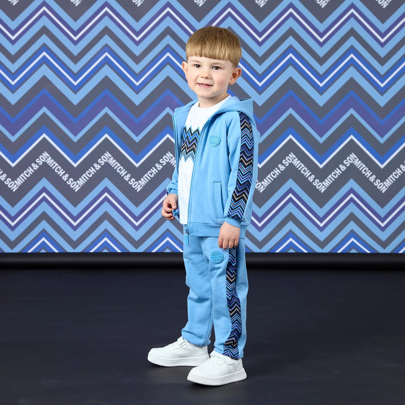 Mitch & Son Boys WARREN & WALLACE Blue & White Zig Zag Three Piece Tracksuit