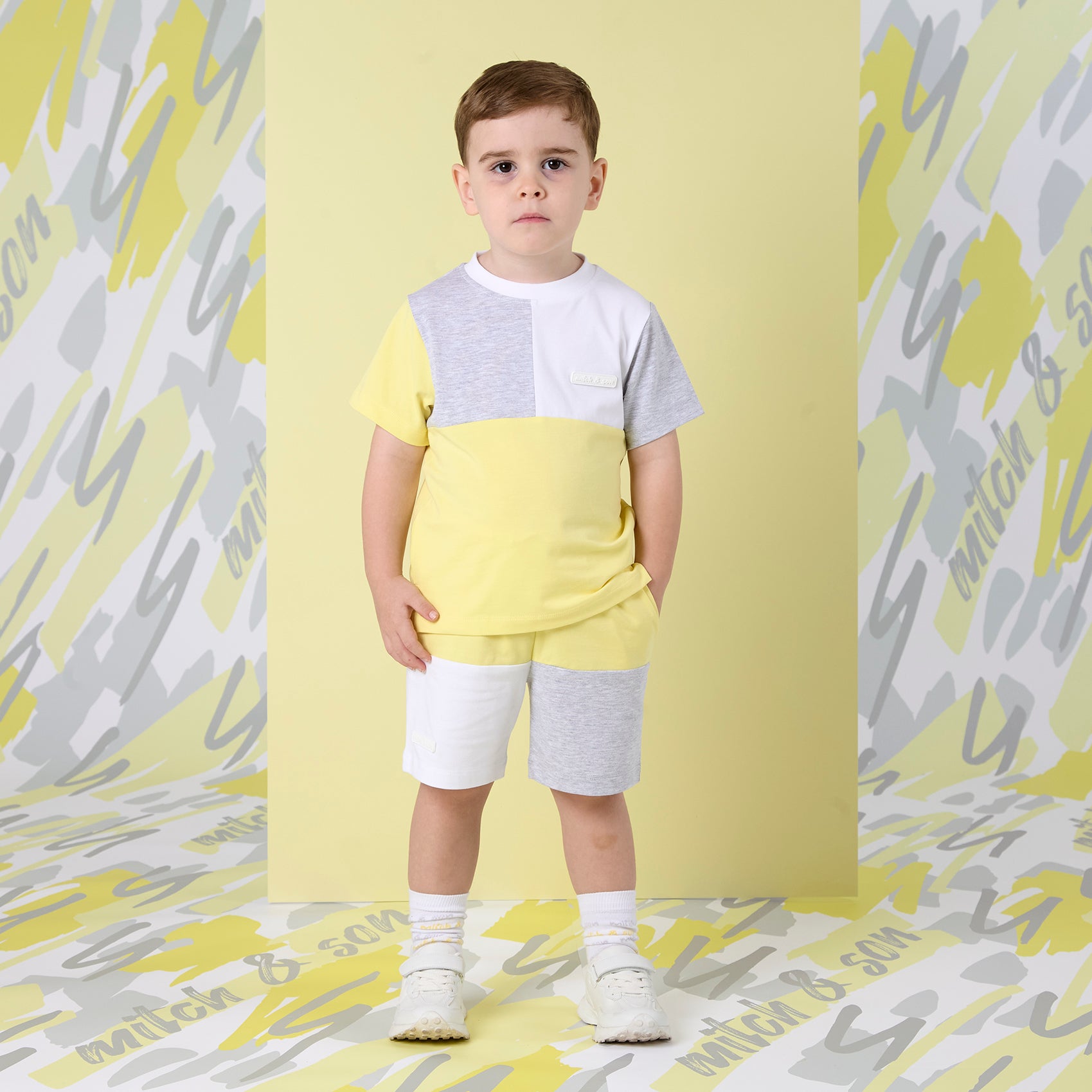 SS25 Mitch & Son GRAY Yellow Grey & White Cut & Sew Soft Shorts Set