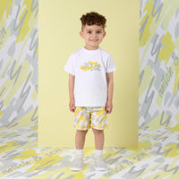 SS25 Mitch & Son GLENN & GIANCARLO White Yellow & Grey Logo Doodle Print T-Shirt & Swim Shorts Set