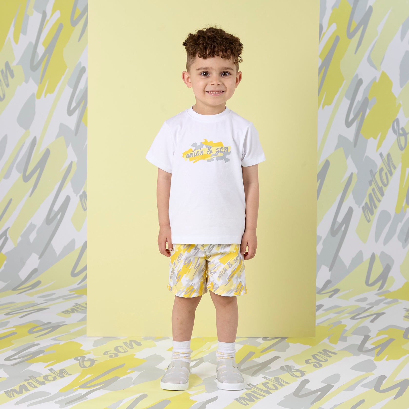 SS25 Mitch & Son GLENN & GIANCARLO White Yellow & Grey Logo Doodle Print T-Shirt & Swim Shorts Set