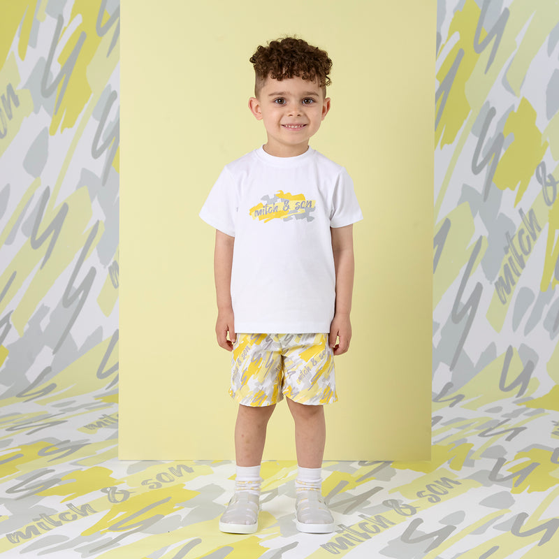 SS25 Mitch & Son GLENN & GIANCARLO White Yellow & Grey Logo Doodle Print T-Shirt & Swim Shorts Set