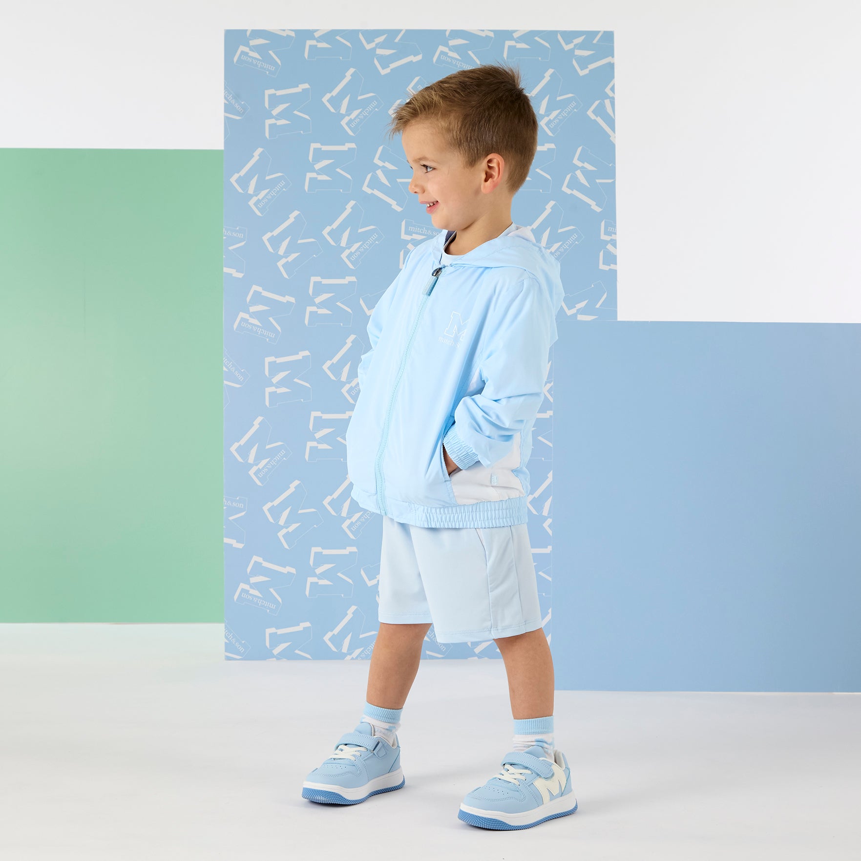 PREORDER SS26 Mitch & Son OLIVER Blue & White Panel Logo Hooded Jacket