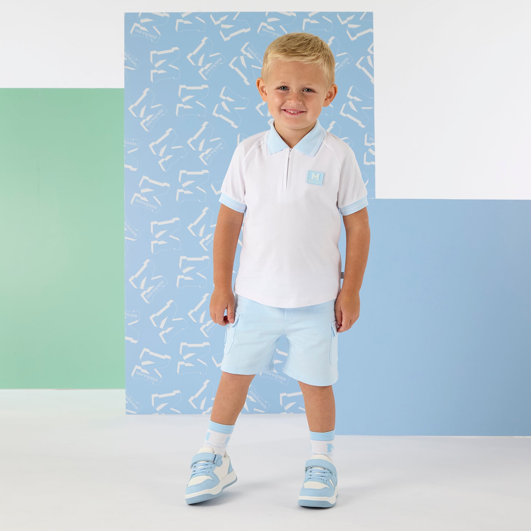 PREORDER SS26 Mitch & Son OAKLAND Blue & White Polo Zipper Shorts Set