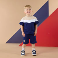 PREORDER SS26 Mitch & Son PACO Navy Blue Beige & White Logo Shorts Set