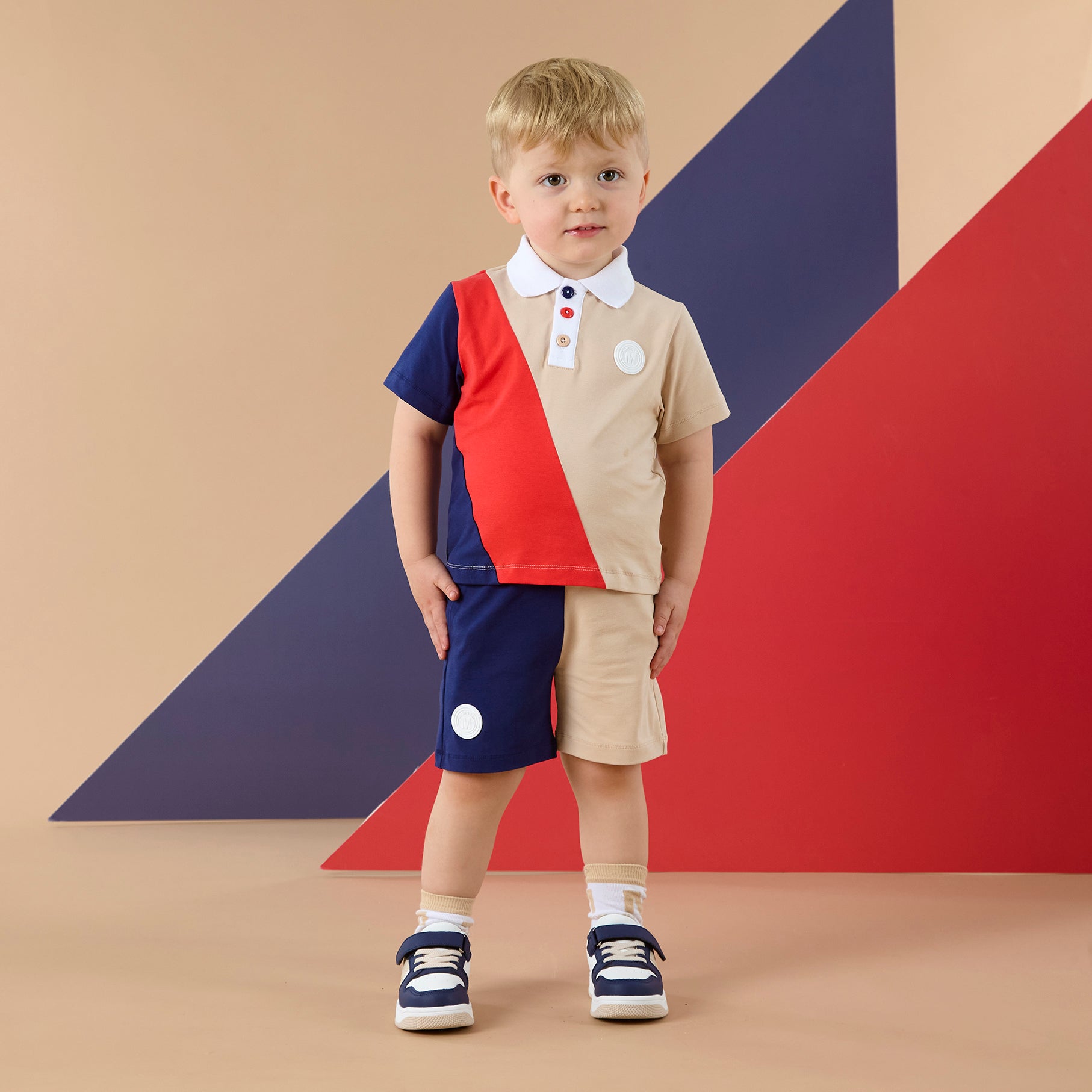 PREORDER SS26 Mitch & Son PIERCE Beige Navy & Red Colour Block Polo Shorts Set
