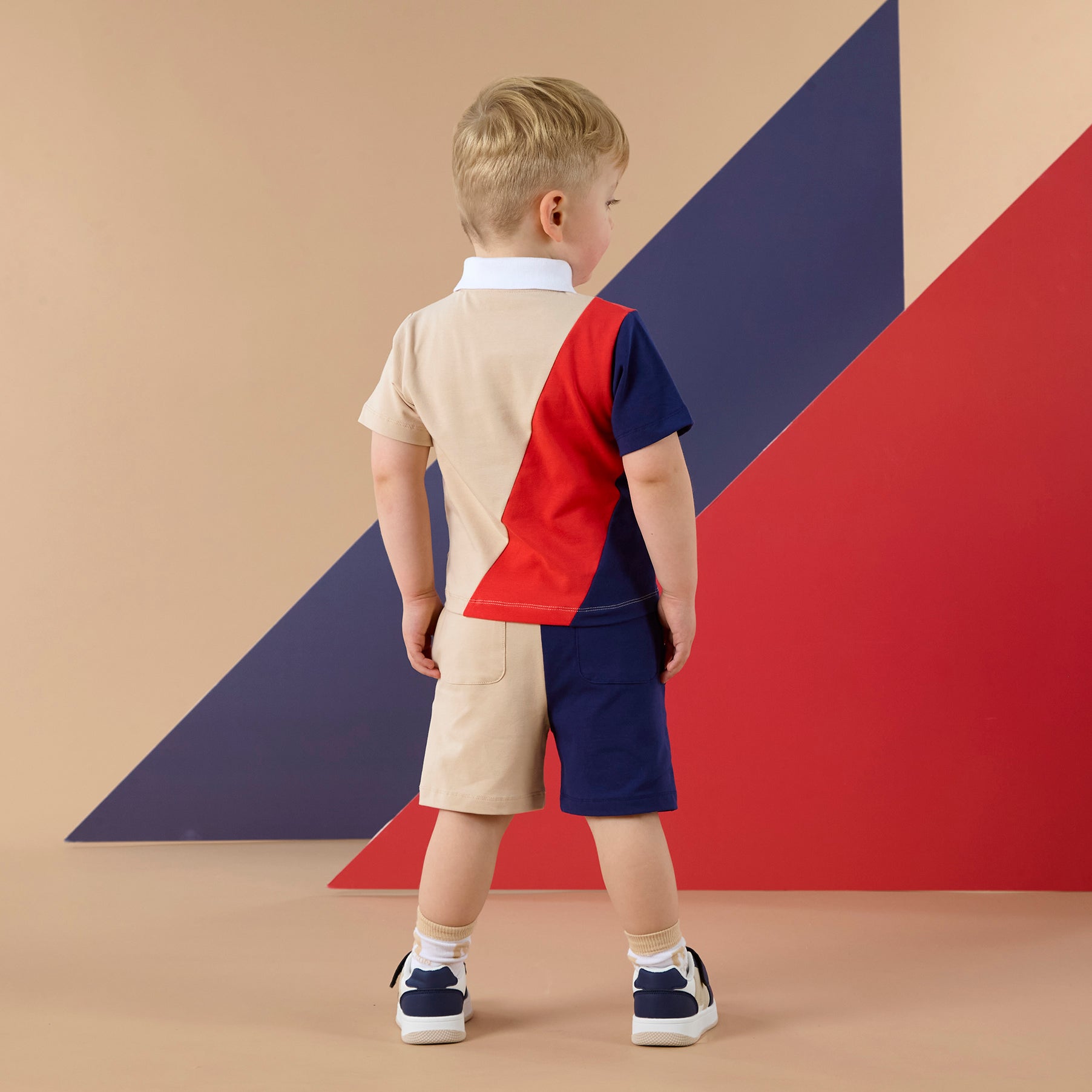PREORDER SS26 Mitch & Son PIERCE Beige Navy & Red Colour Block Polo Shorts Set