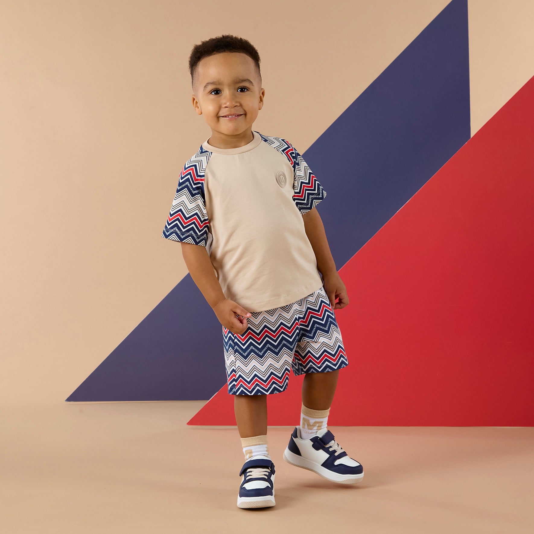 PREORDER SS26 Mitch & Son PAXTON Beige Multicoloured Chevron Shorts Set