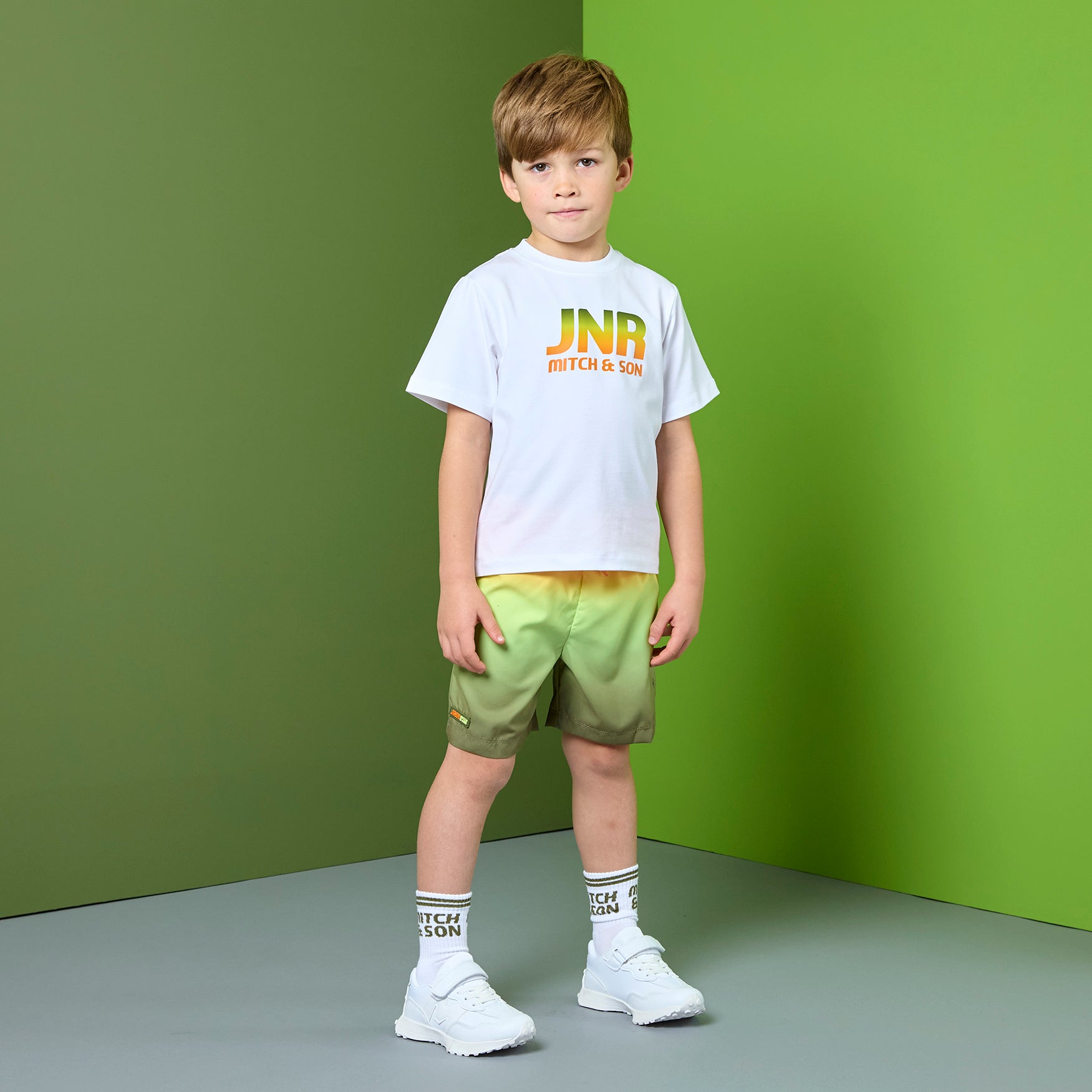 PREORDER SS26 Mitch & Son JNR REID & REED White Green & Orange Logo Gradient Swim Shorts Set