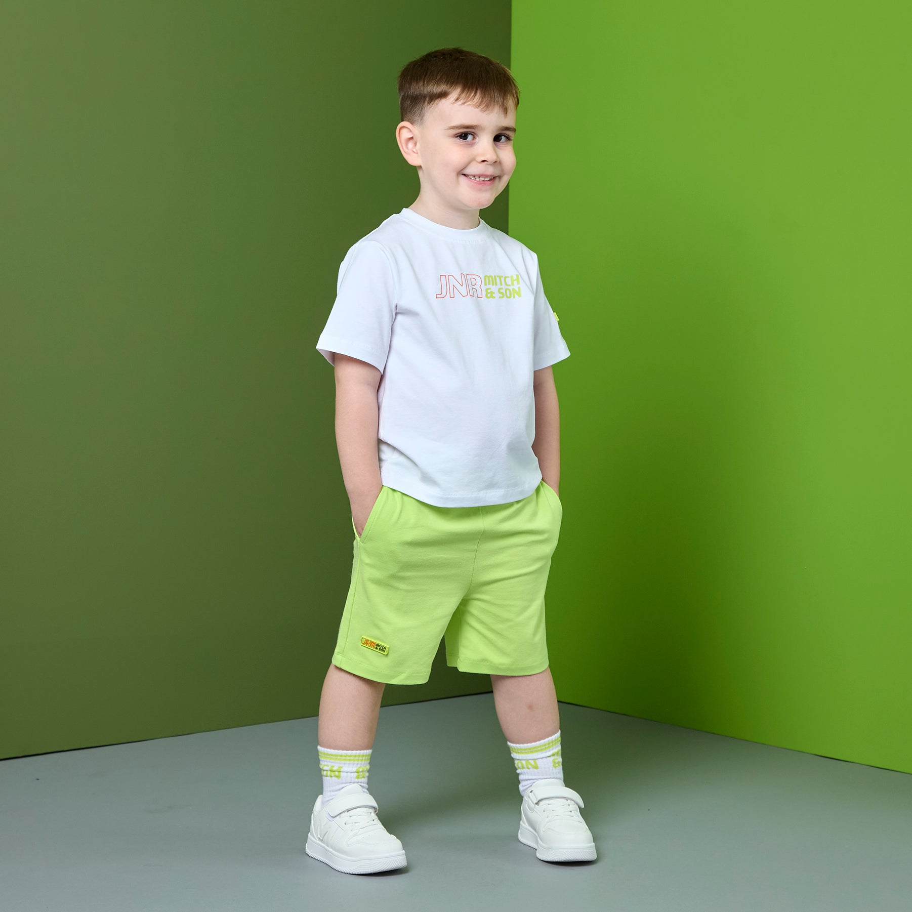PREORDER SS26 Mitch & Son JNR RAY White Green & Orange Logo Shorts Set