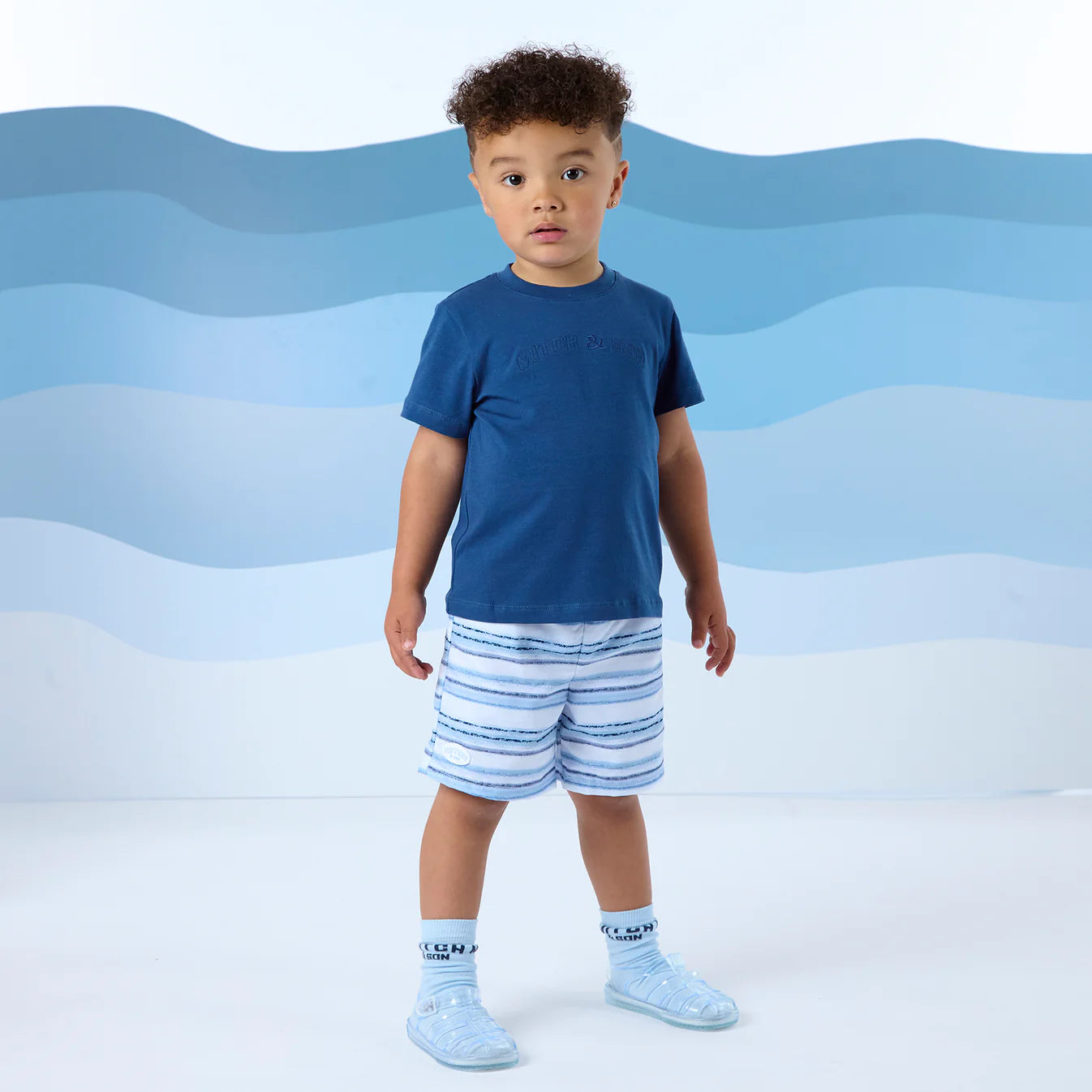 SS25 Mitch & Son FOXE & FALLON Navy Blue & White Logo T-Shirt & Swim Shorts Set