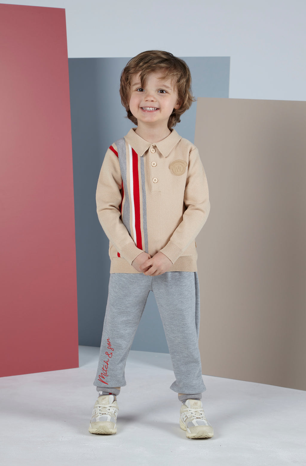 AW23 Mitch & Son OAKLY Hazelnut Beige Grey Red & White Striped Knitted Polo & Trousers Set