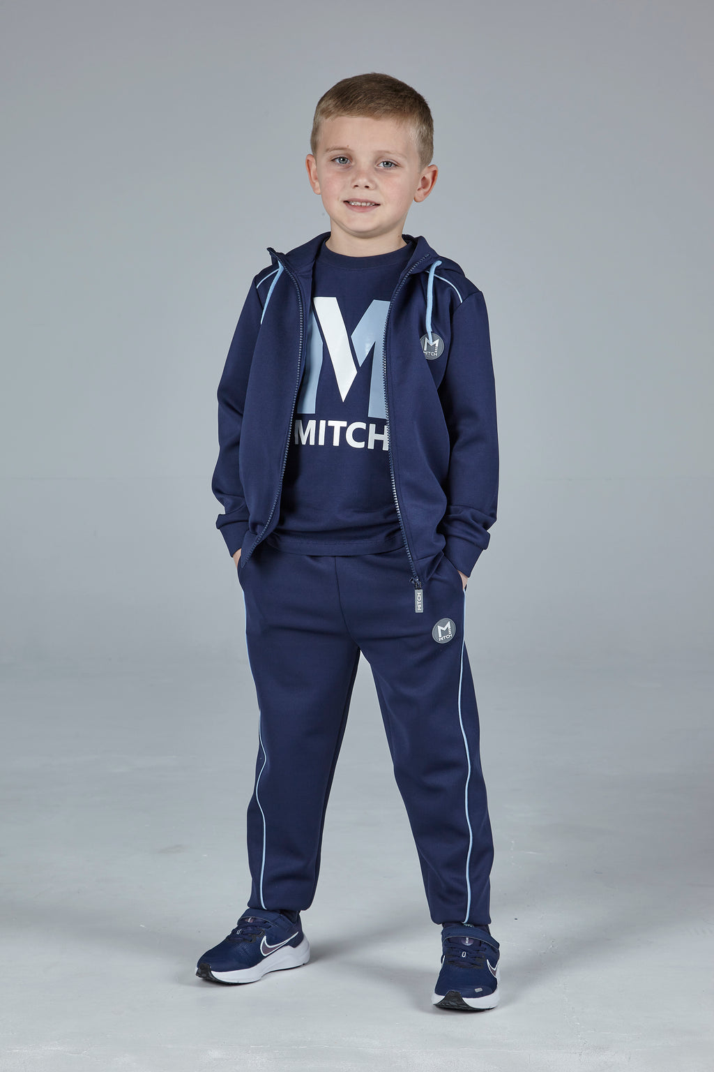 AW23 MiTCH WINDSOR & MONTREAL Navy & Light Blue White Logo Poly Hooded 3 Piece Zipper Tracksuit