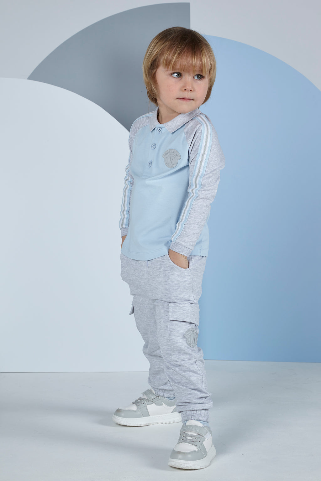 AW23 Mitch & Son NOEL & NATHANIAL Grey & Blue Tape Polo & Cargo Joggers Set