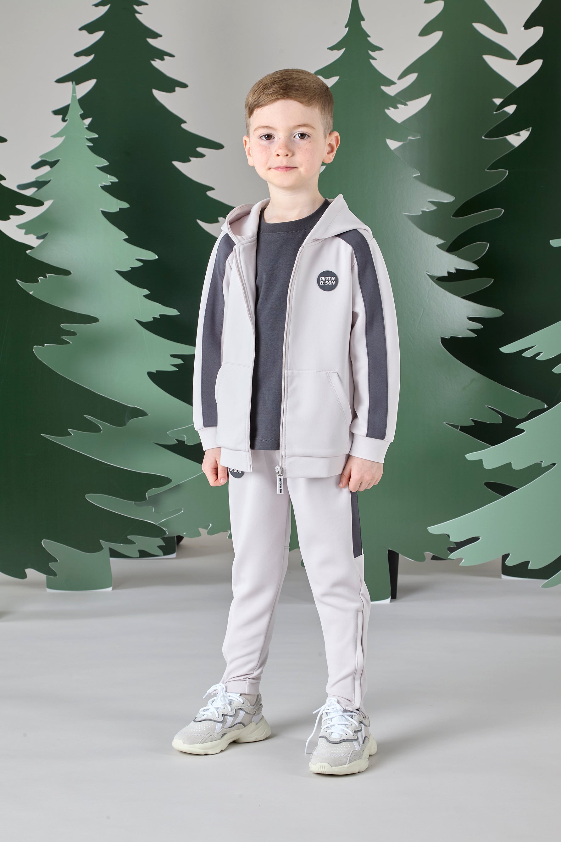 Mitch & Son Junior CALVIN & CHRISTOPHER Stone & Dark Grey Three Piece Zipper Hoody Tracksuit