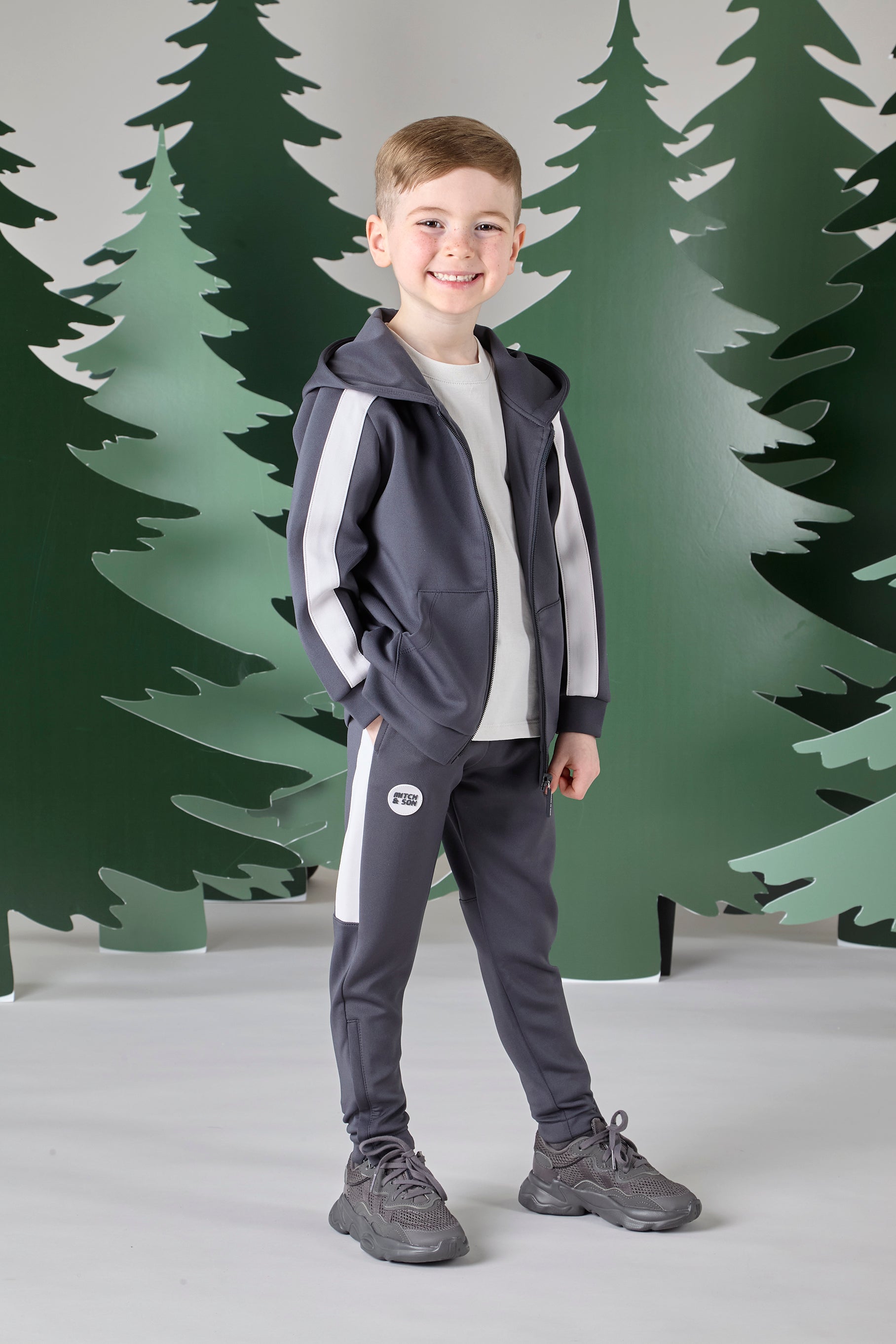 Mitch & Son Junior CALVIN & CHRISTOPHER Dark & Stone Grey Three Piece Zipper Hoody Tracksuit