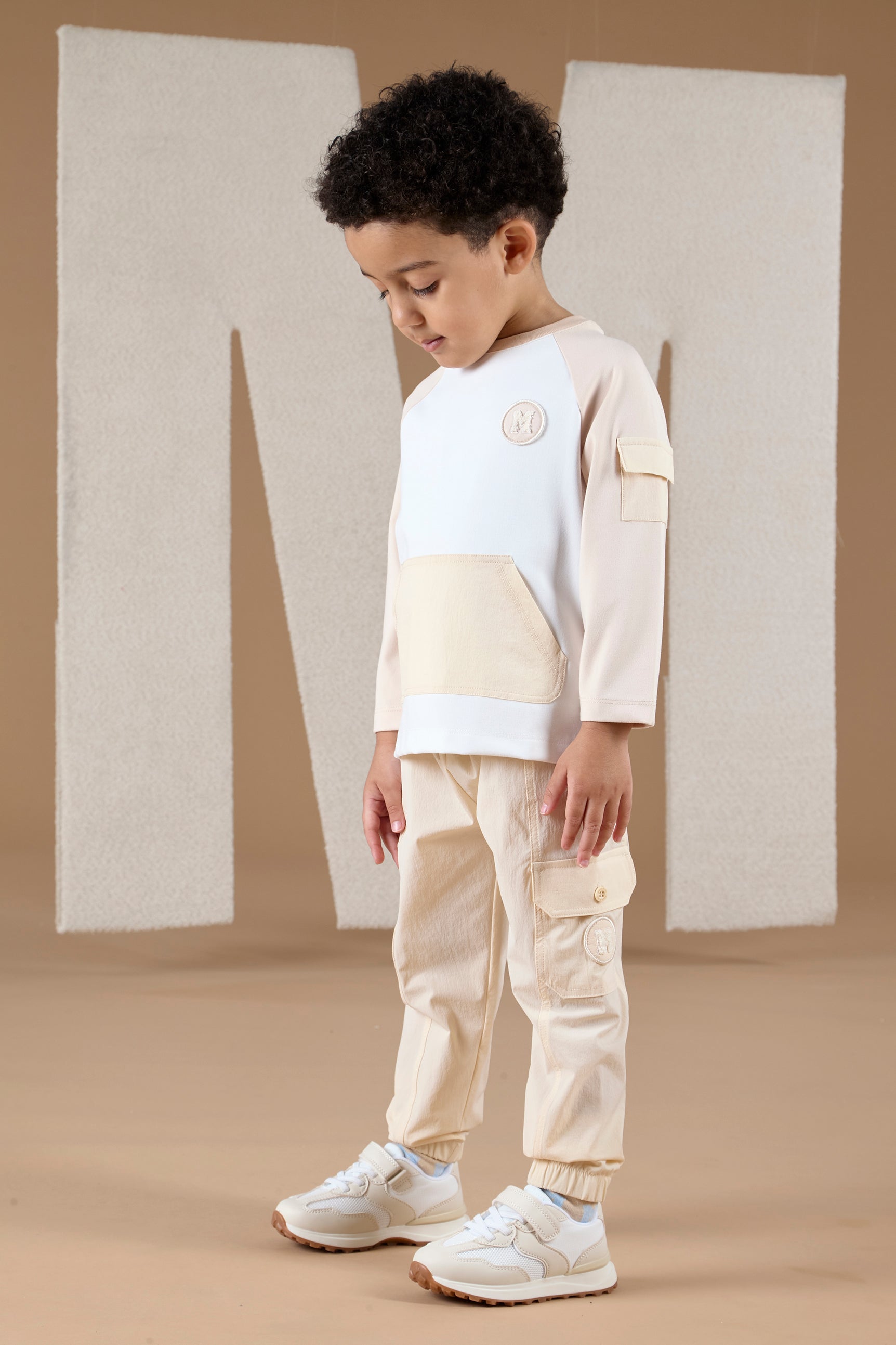 Mitch & Son AXEL & ANTON Beige & White Logo Top & Cargo Trouser Set