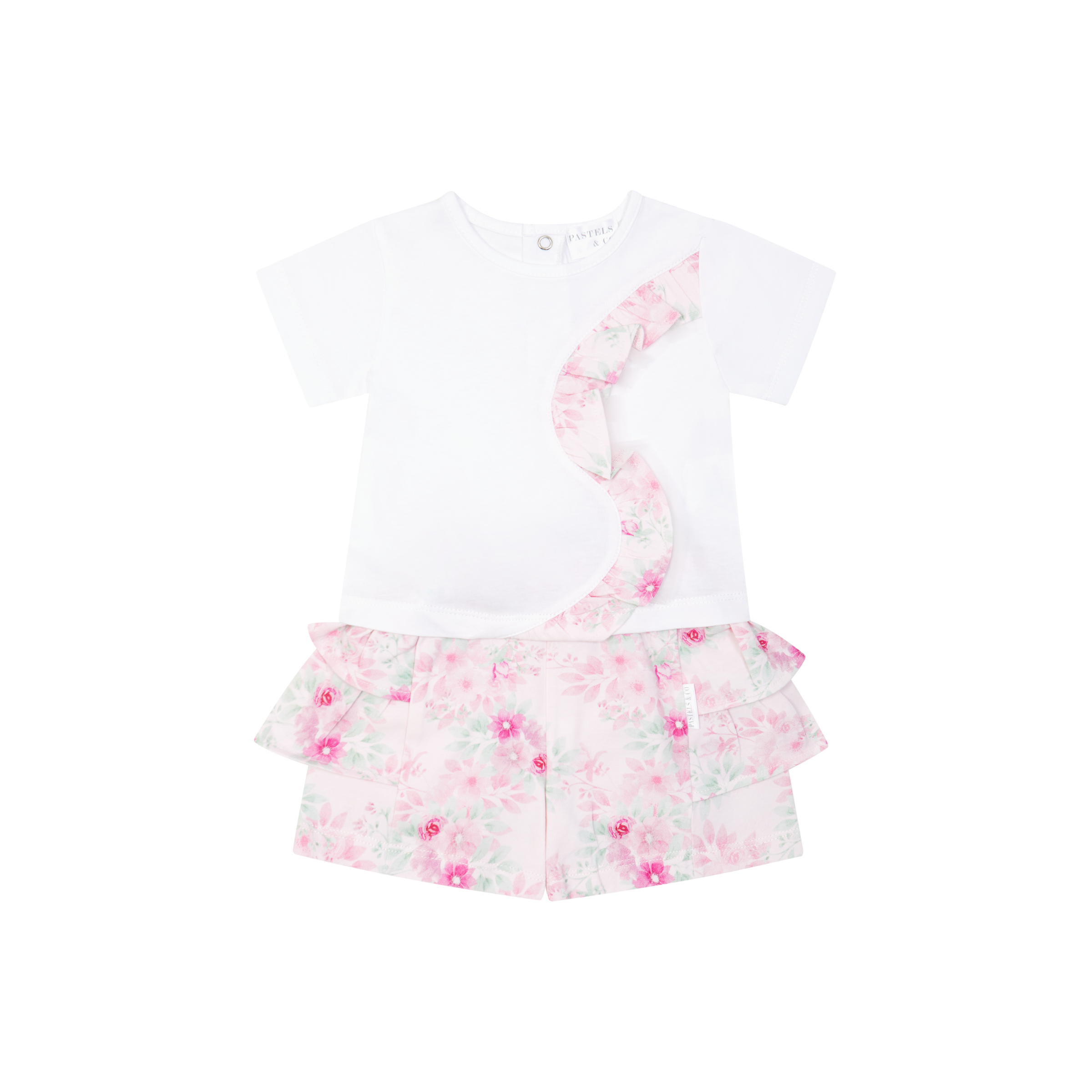 SS26 Pastels & Co OCEAN Pink & White Floral Frill Shorts Set