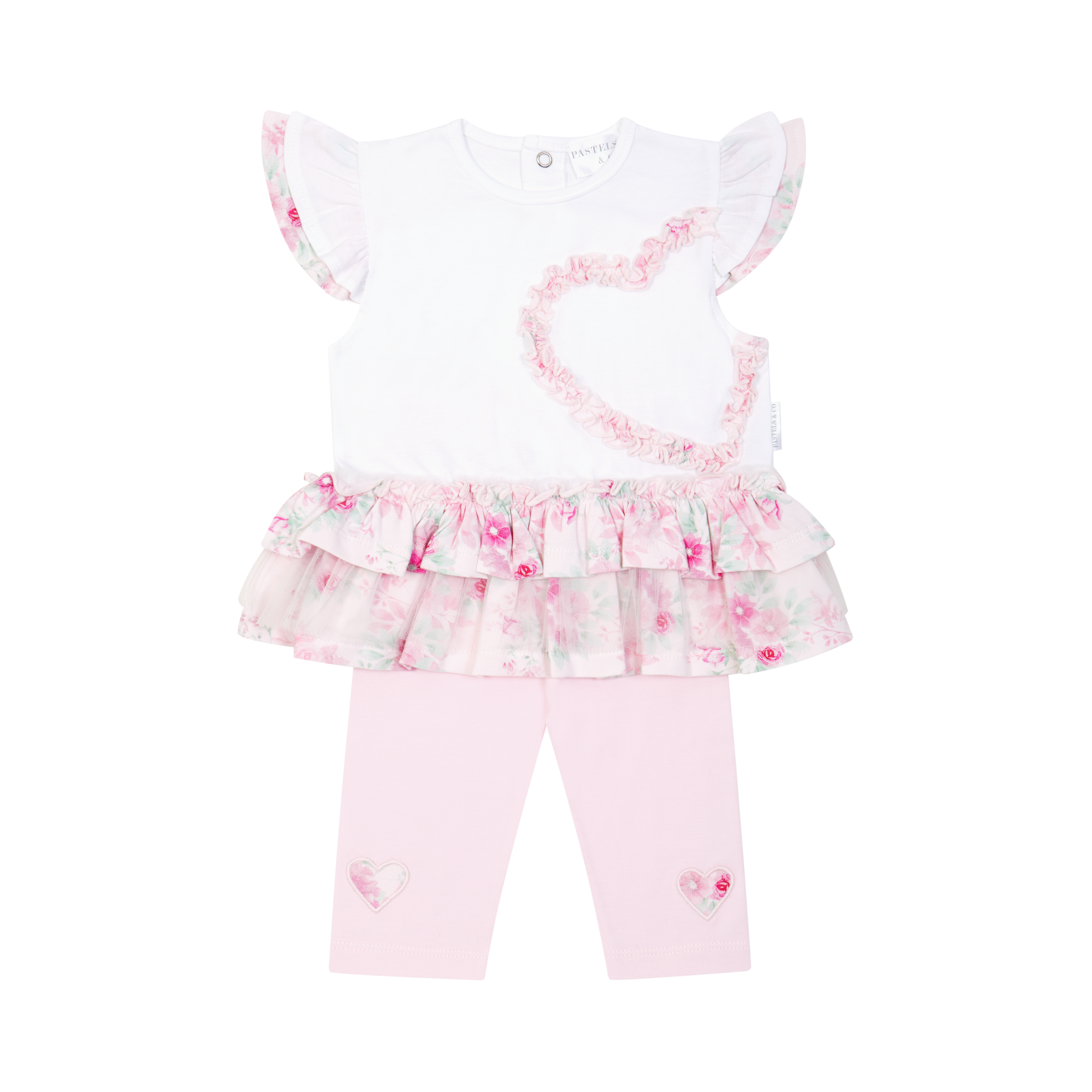 SS26 Pastels & Co OSLO Pink & White Heart Floral Frill Leggings Set
