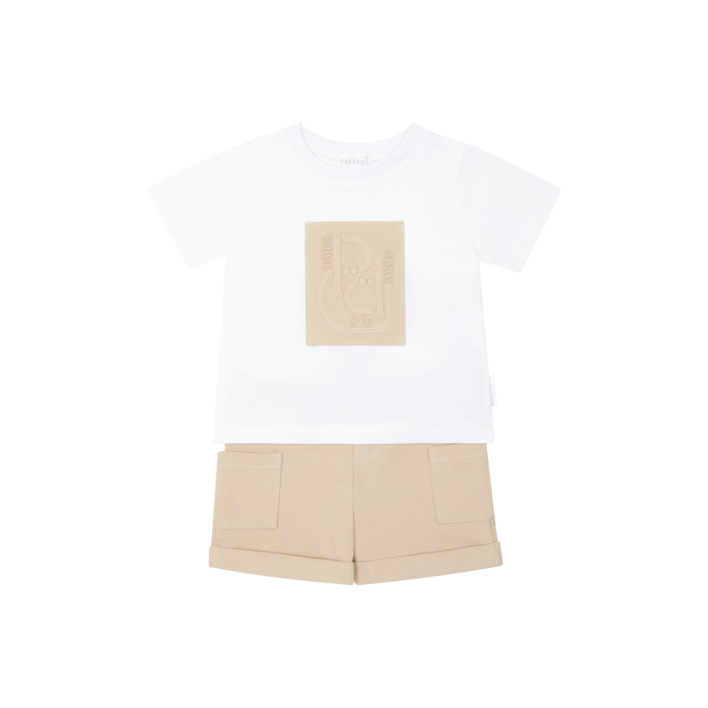 SS26 Pastels & Co ADDERLEY Beige & White Patch Logo Shorts Set