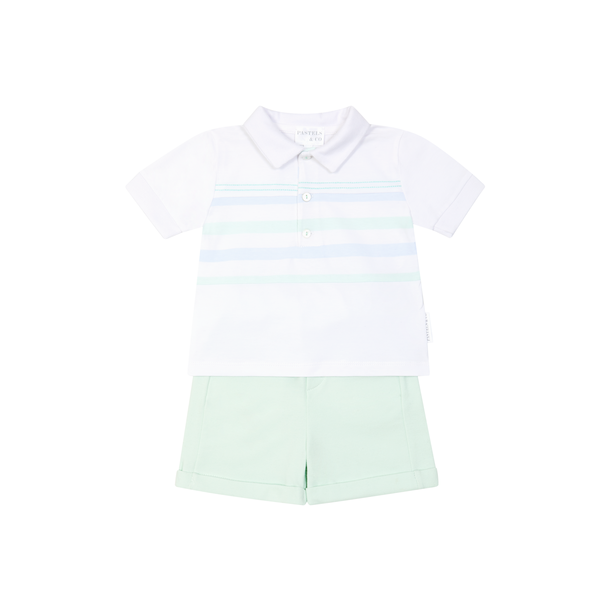 SS26 Pastels & Co BRYCE Mint Green & White Striped Polo & Shorts Set