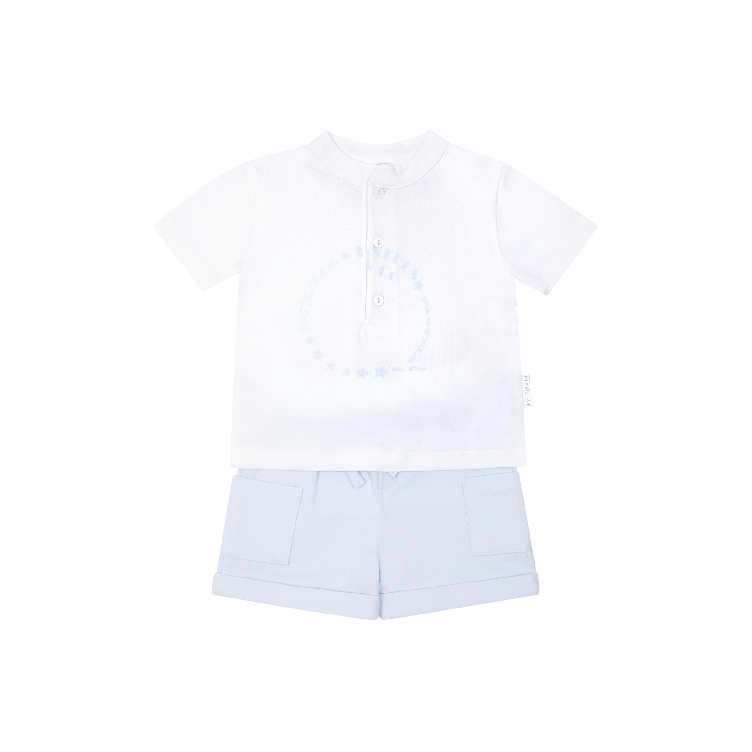 SS26 Pastels & Co BROOKS Pale Blue & White Circle Logo Buttons Shorts Set