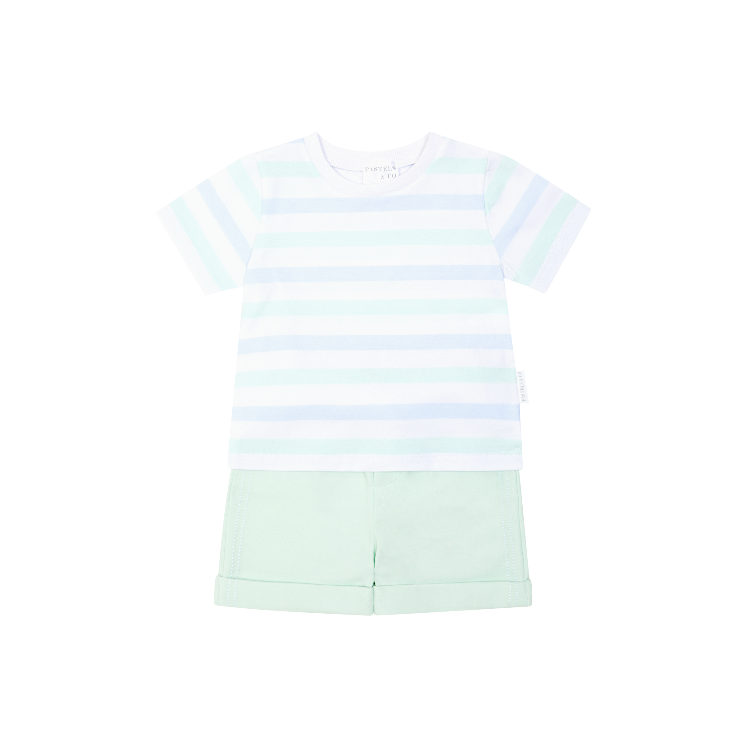 SS26 Pastels & Co BRUNO Mint Green White & Pale Blue Striped Shorts Set