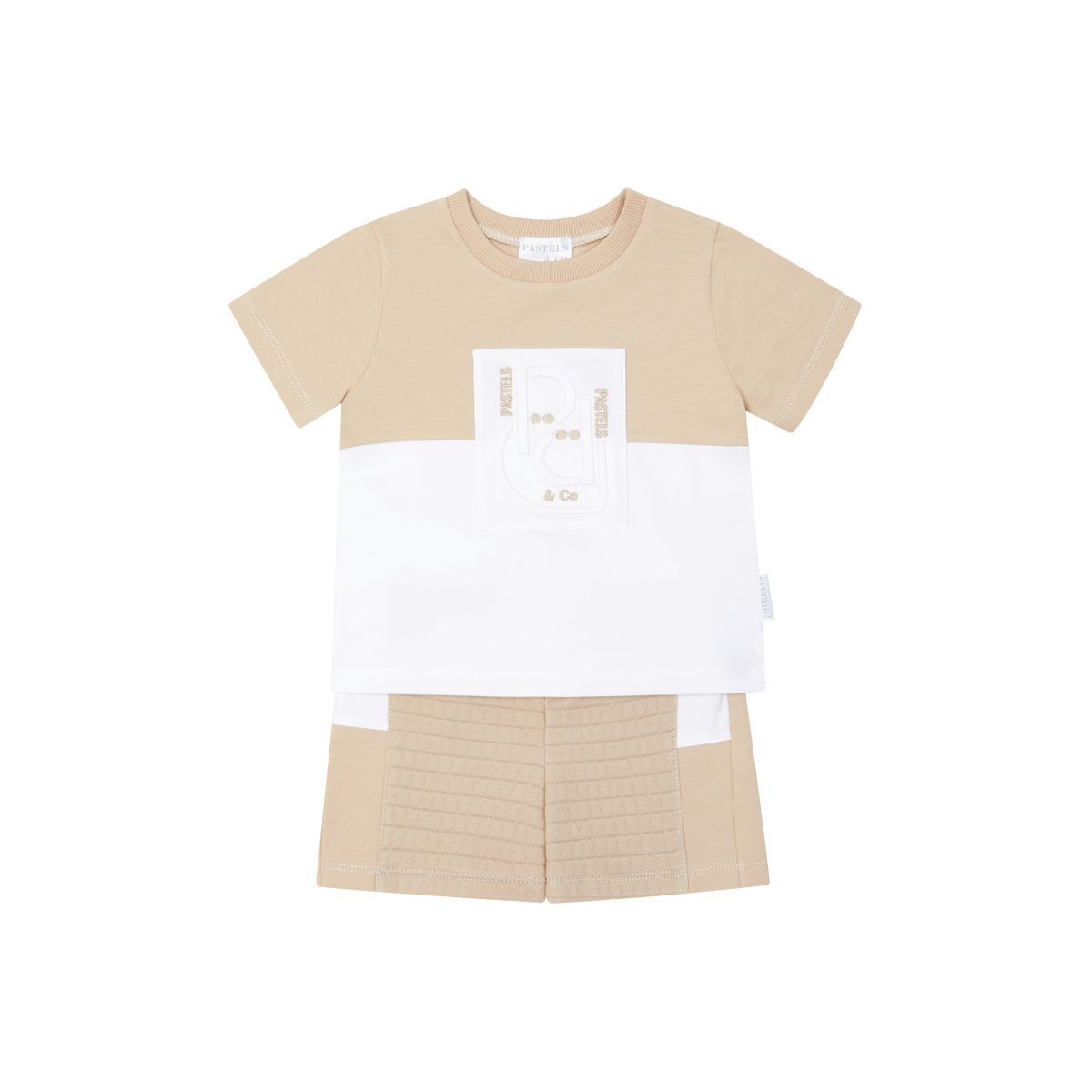 SS26 Pastels & Co AFAN White & Beige Patch Logo Shorts Set
