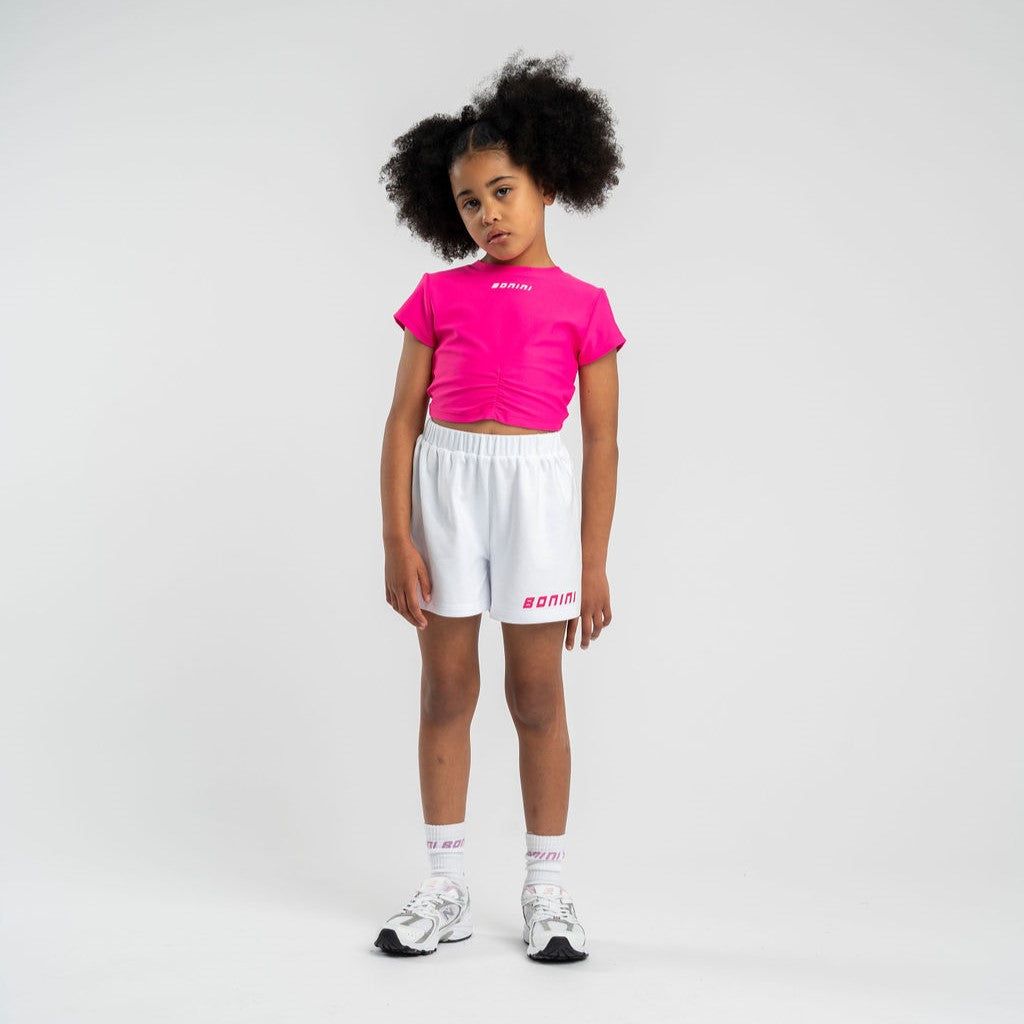 SS25 Bonini ASPIRE Hot Pink & White Logo Short Sleeve Ruched Top