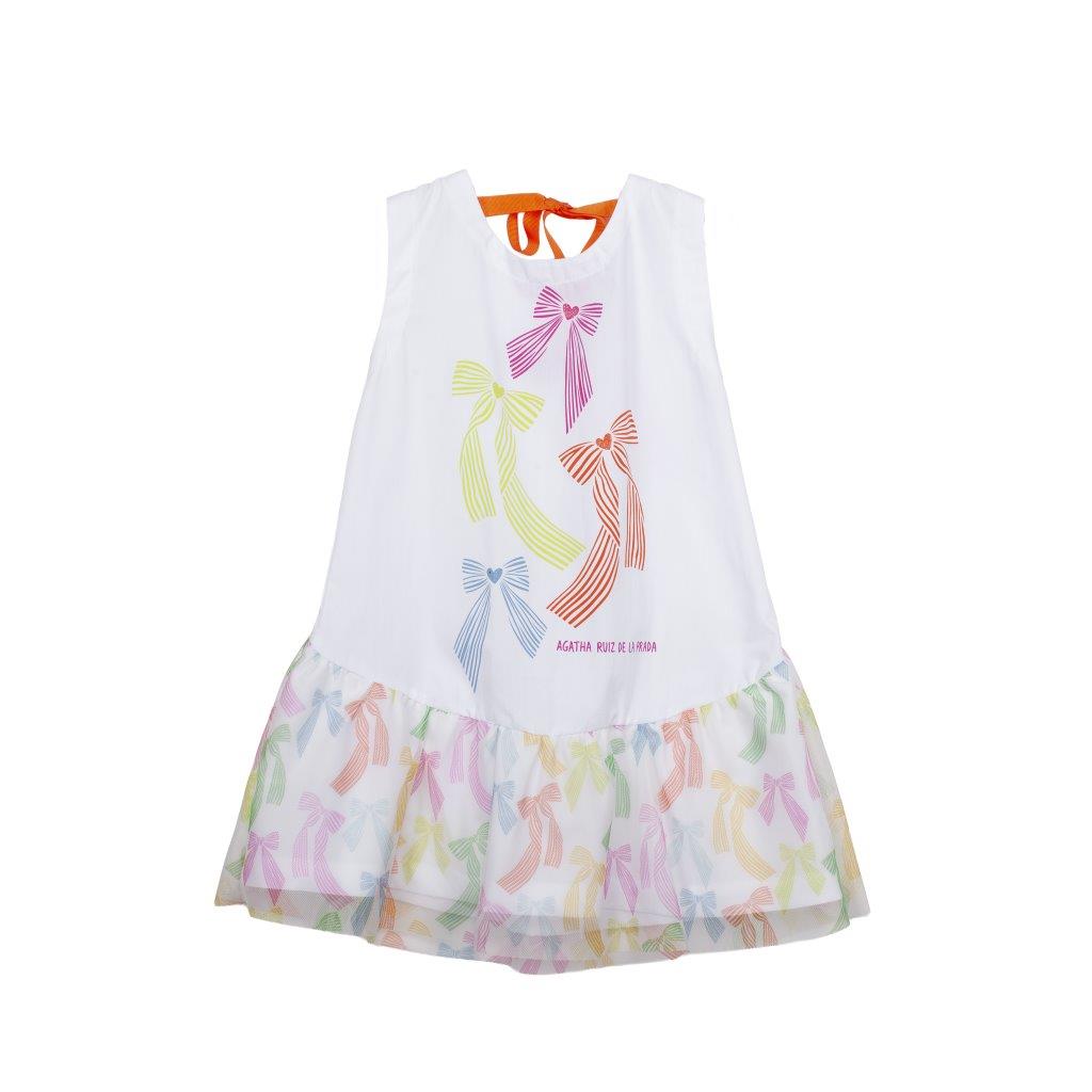 SS26 Agatha Ruiz De La Prada JNR White Multicoloured Bows Tie Dress