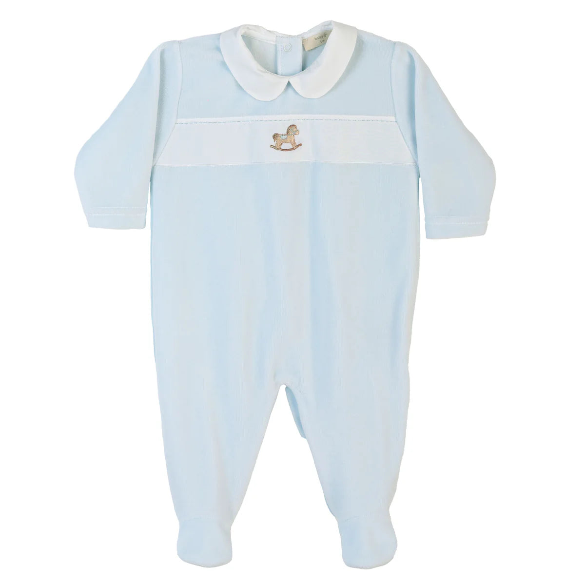 Baby Gi Blue & White Velour Rocking Horse Babygrow