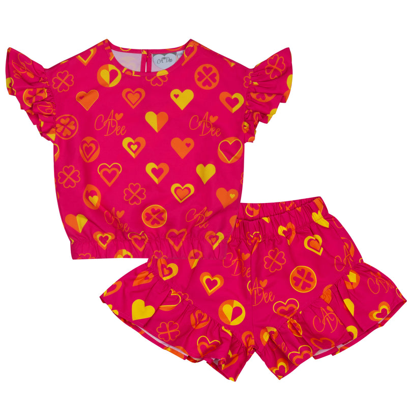 SS24 ADee MELISSA Hot Pink Colour Block Heart Print Poly Short Set