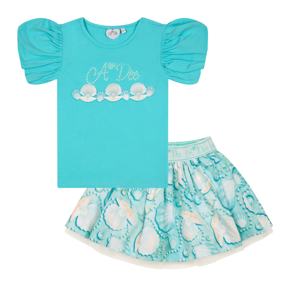 SS24 ADee OLIVE Aruba Blue Pearl Print Skirt Set