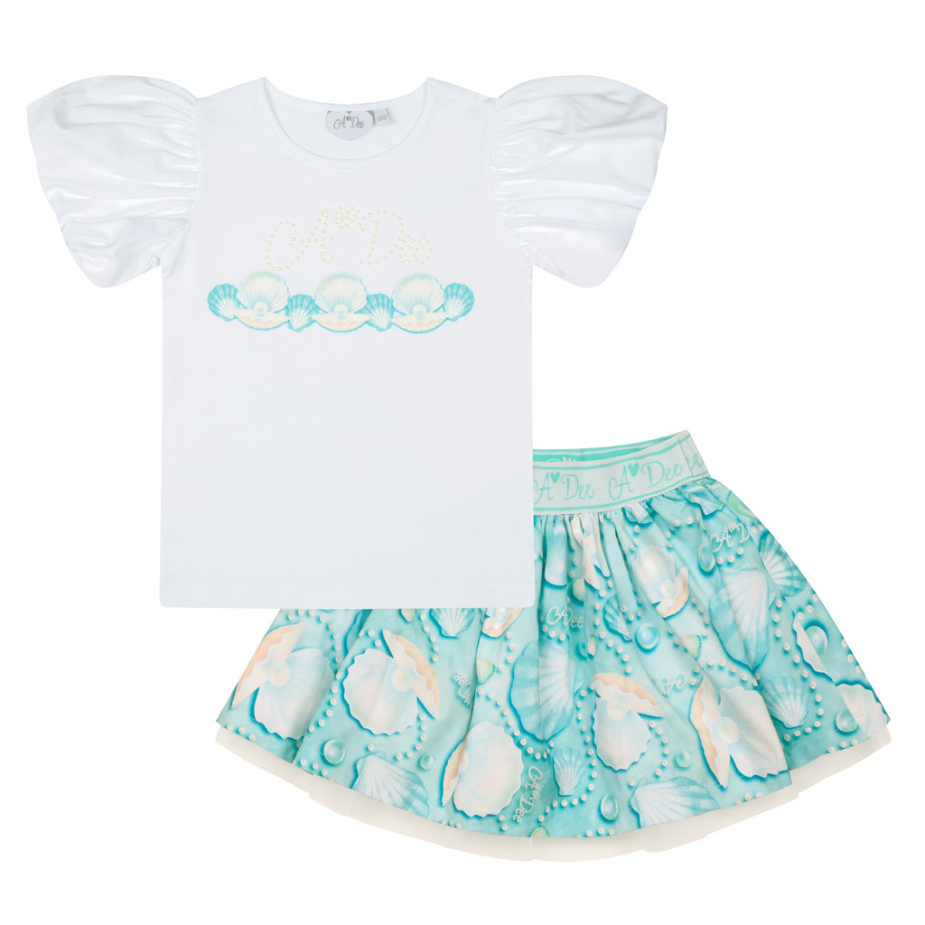 SS24 ADee OLIVE Bright White Pearl Print Skirt Set