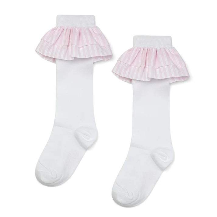 SS25 ADee COLETTE White & Pink Stripe Frill Knee High Socks