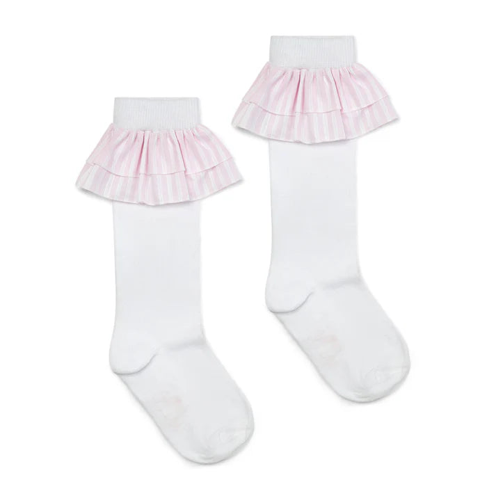 SS25 ADee COLETTE White & Pink Stripe Frill Knee High Socks